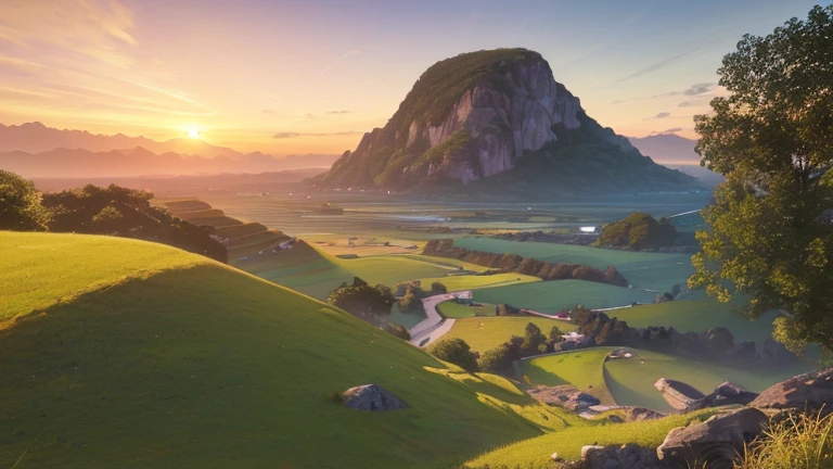 Landscape on a planet covered in verdant vegetation, with hills and cliffs facing a setting sun of yellow and orange hues, (Majestic masterpiece, Hyper-realistic: 1.5), (Vibrant colors, Intricate details, Realistic CGI, Octane render), (Sunset scene, Cinematic, Top angle view), (Warm and soothing colors, Detailed shadows, Serene atmosphere), (Nature at its finest, Lush greenery, Breathtaking scenery), (End of day illumination, Textured grass, Picturesque panorama), (Serene and peaceful, Soft light, Immersive, 8k