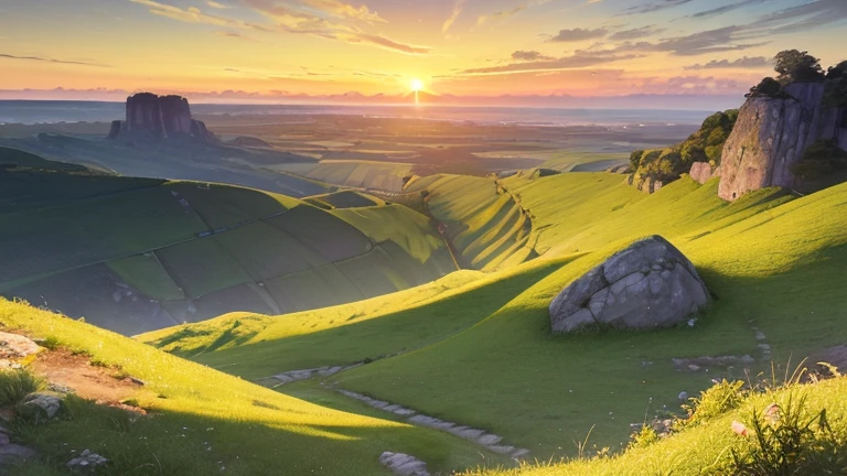 Landscape on a planet covered in verdant vegetation, with hills and cliffs facing a setting sun of yellow and orange hues, (Majestic masterpiece, Hyper-realistic: 1.5), (Vibrant colors, Intricate details, Realistic CGI, Octane render), (Sunset scene, Cinematic, Top angle view), (Warm and soothing colors, Detailed shadows, Serene atmosphere), (Nature at its finest, Lush greenery, Breathtaking scenery), (End of day illumination, Textured grass, Picturesque panorama), (Serene and peaceful, Soft light, Immersive, 8k