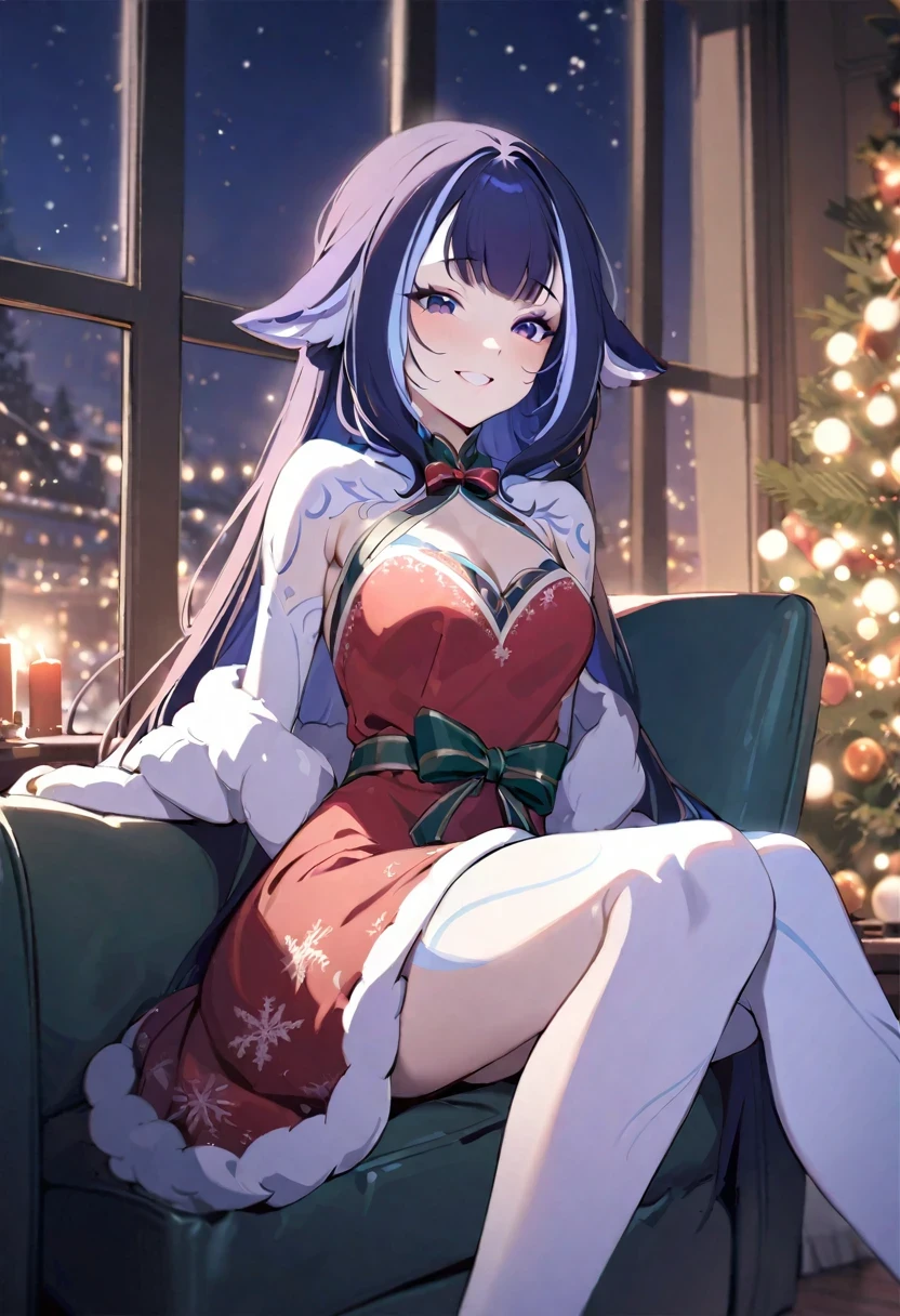 (shylily/(Twich/):1.5),(masterpiece:1.2),(best quality:1.2),, (1girl:1.3), Christmas, evening, inside, dimly lit living room, window, snowing outside, Christmas lights, details, beautiful Christmas dress, masterpiece, best quality, high quality, girl,happy, smiling, sitting sofa, candles