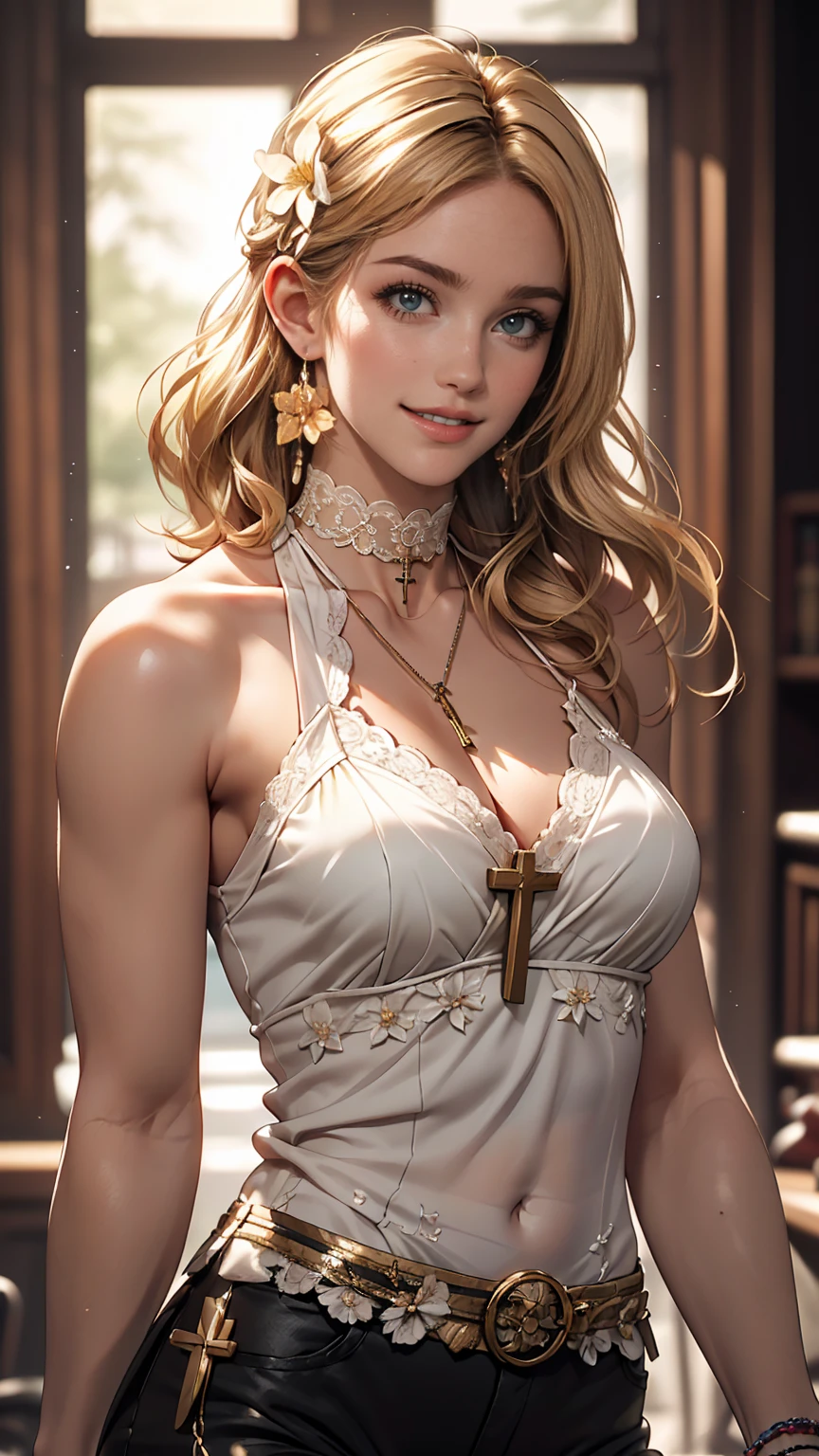 8K, RAW Photos, highest quality, masterpiece:1.2), (Realistic, photo-Realistic:1.37)、Earrings, eyelash, pantyhose、セクシーな刺激的なsmile、 (Shiny skin:1.05)、Venus Body、Having her hair done、My chest is popping out、Wear accessories on your wrist、Wearing accessories on the ankle、Background blur((depth of field)、23 year old white female、Silver Hair、long hair、blue eyes、Cross halter neckline embellished with lace((cross halter neck))Wear a long dress、The slit is deep、Cleavage Emphasis、Wearing stockings、smile、Sexy atmosphere、