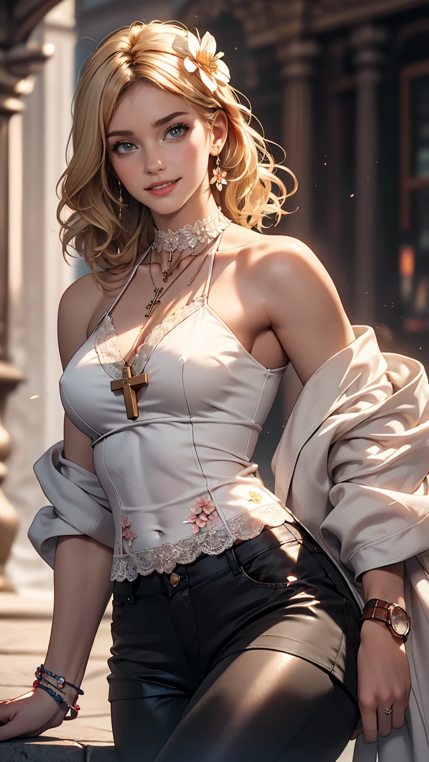 (8K, RAW Photos, highest quality, masterpiece:1.2), (Realistic, photo-Realistic:1.37)、Earrings, eyelash, pantyhose、セクシーな刺激的なsmile、 (Shiny skin:1.05)、fashion model body shape、Having her hair done、My chest is popping out、Wear accessories on your wrist、Wearing accessories on the ankle、Background blur((depth of field)、smile、White woman、Platinum Blonde、blue eyes、Curly Hair((curly hair))、Cross halter neck with lace embellishment((cross halter neck))Wearing tops、Navel visible、Wear low rise leggings、Wear mules、smile、Hair Flower((hair flower))、Wear a lace choker