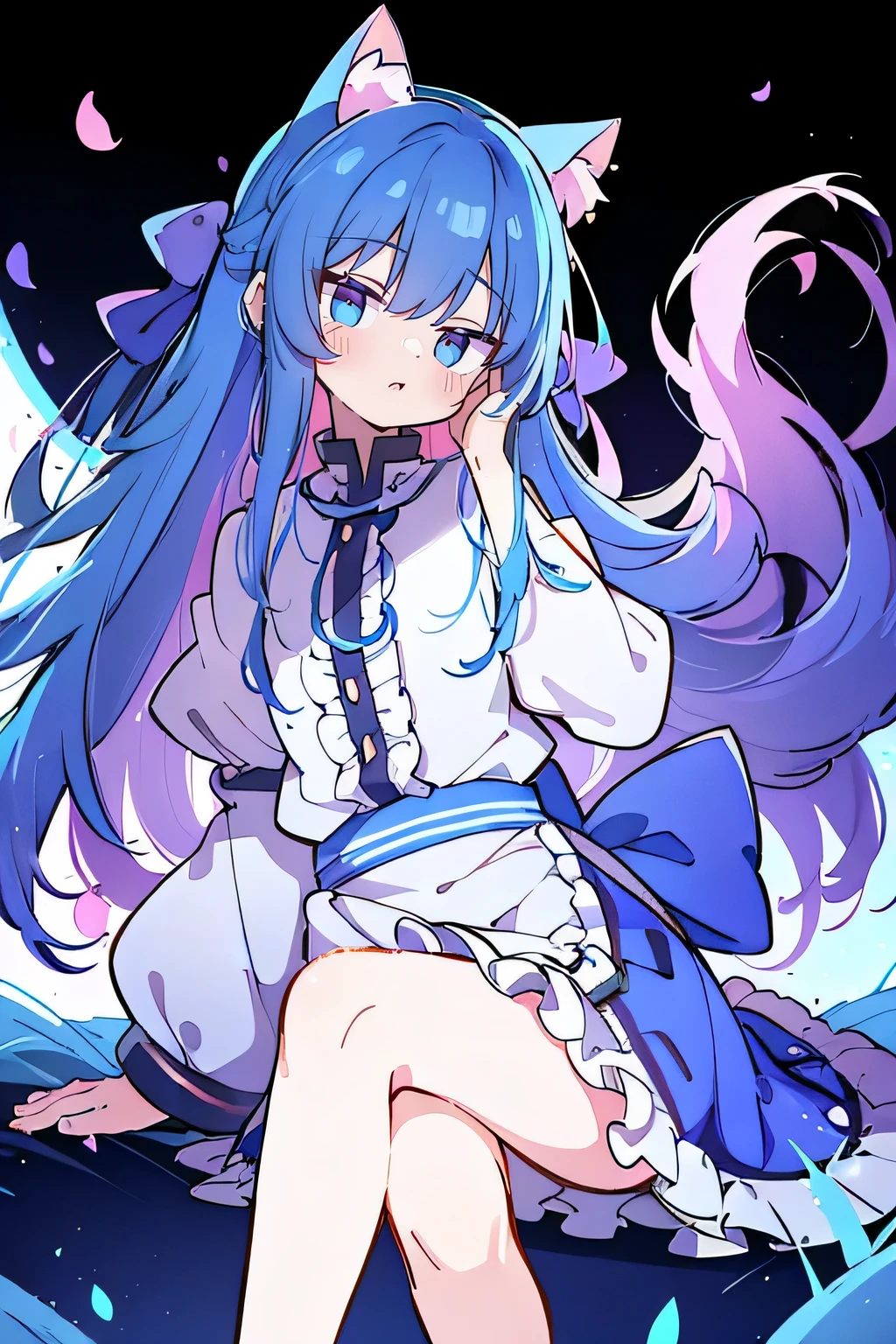 (masterpiece:1.2),Super detailed,Practical,expressive eyes,Fair skin,Perfect face shaping,1 Girl,
Japanese cartoons,Gorgeous blue hair, the long flowing blue hair,Floating clothes,Cat ears,Petals falling,beautiful lola,Young Angel,
Hands on waist,sit elegantly on the ground,Cross your legs,Gentle and peaceful background,Cool and cozy pavilion,Sunset,