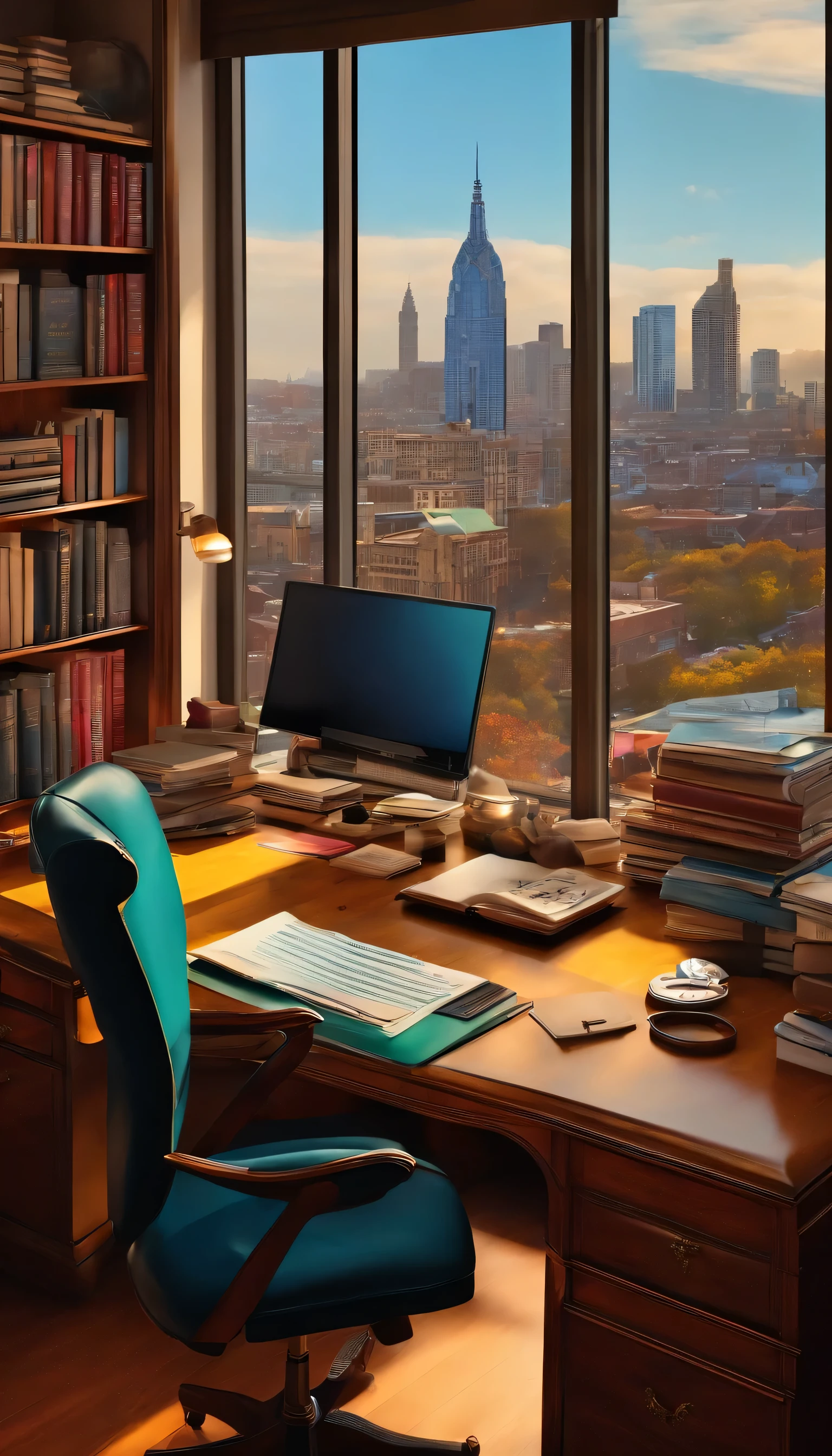 An artist's desk with office chair, Books, Paper, Laptop, Regal, Drawers, with a view of a city backdrop