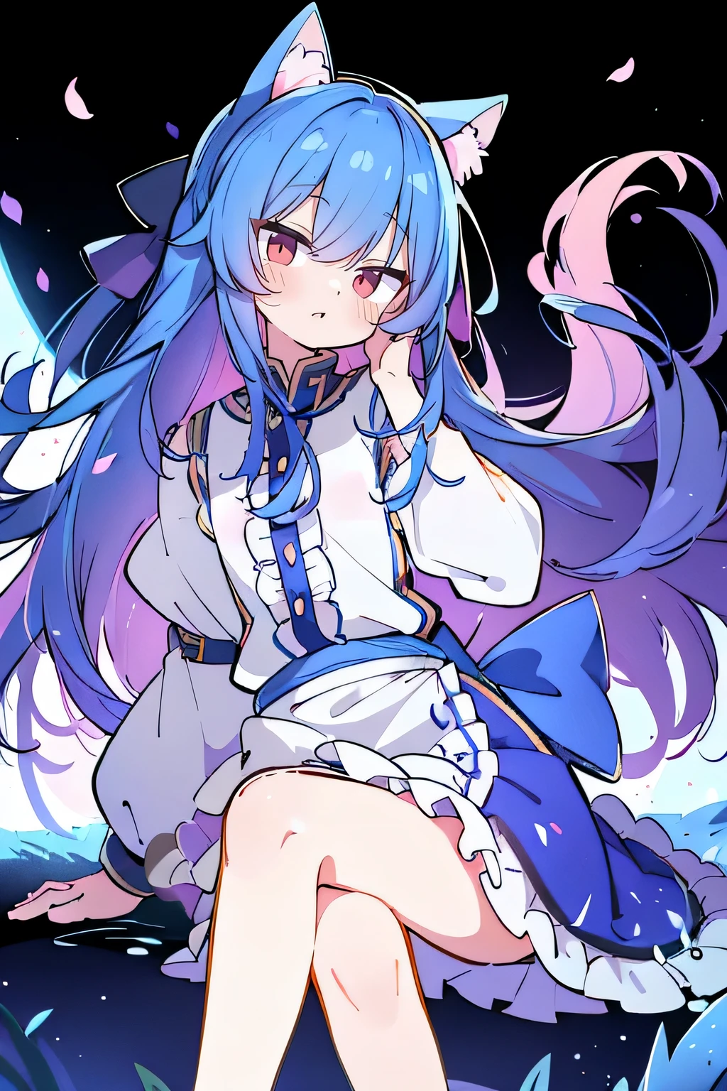 (masterpiece:1.2),Super detailed,Practical,expressive eyes,Fair skin,Perfect face shaping,1 Girl,
Japanese cartoons,Gorgeous blue hair, the long flowing blue hair,Floating clothes,Cat ears,Petals falling,beautiful lola,Young Angel,
Hands on waist,sit elegantly on the ground,Cross your legs,Gentle and peaceful background,Cool and cozy pavilion,Sunset,