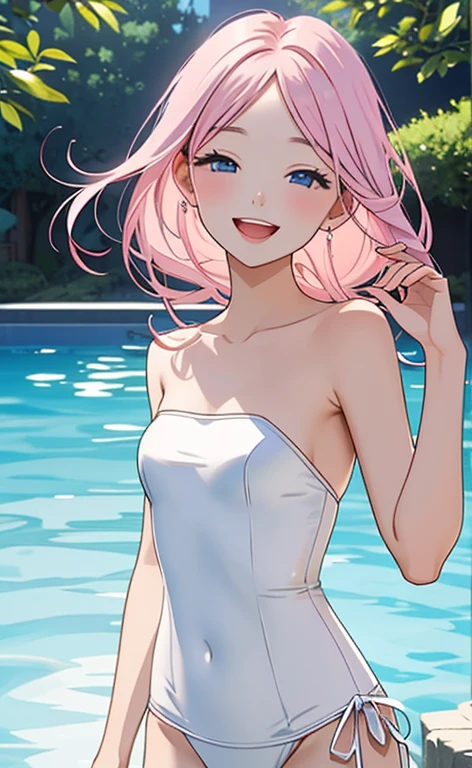 (masterpiece:1.4、top-quality、illustration:1.4,realistic、)、(character focus、breast focus,upper body:1.3)、(1girl),(Open mouth happy smile:1.3),(half closed eyes),cute face,blue eyes、()、
,(stand:1.4),(Shining smile),
,(slender),(white strapless swimsuit dress:1.3),(pink long hair:1.6,forehead:1.3), (small breasts:1.3)、
、slender、pool,、