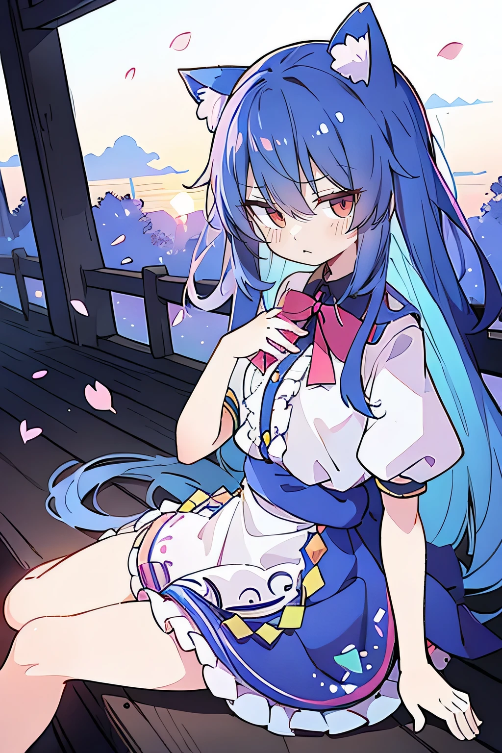 (masterpiece:1.2),Super detailed,Practical,expressive eyes,Fair skin,Perfect face shaping,1 Girl,
Japanese cartoons,Gorgeous blue hair, the long flowing blue hair,Floating clothes,Cat ears,Petals falling,beautiful lola,Young Angel,
Hands on waist,sit elegantly on the ground,Cross your legs,Gentle and peaceful background,Cool and cozy pavilion,Sunset,