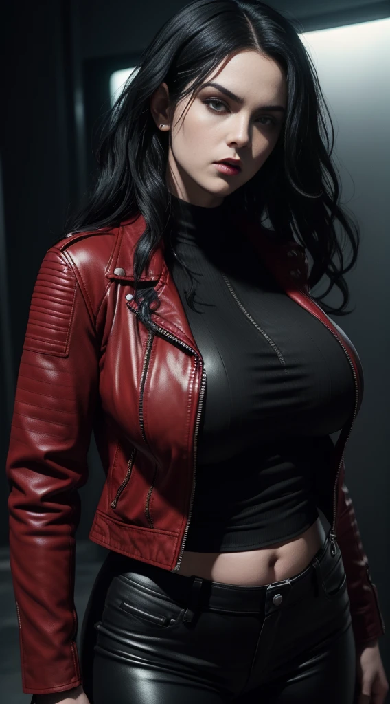 (Selene from Underworld wearing red leather jacket, black tanktop and black pants), (bob wavy black hair), (pale skin), (serious face), (solid color background), dynamic angle shot, dynamic pose, studio lighting, photo realism, intricate face detail, intricate hand details, highly detailed, vibrant colors, cinematic, high definition, trending on Artstation--style raw, (chubby:1.3) (huge breasts:1.2),
