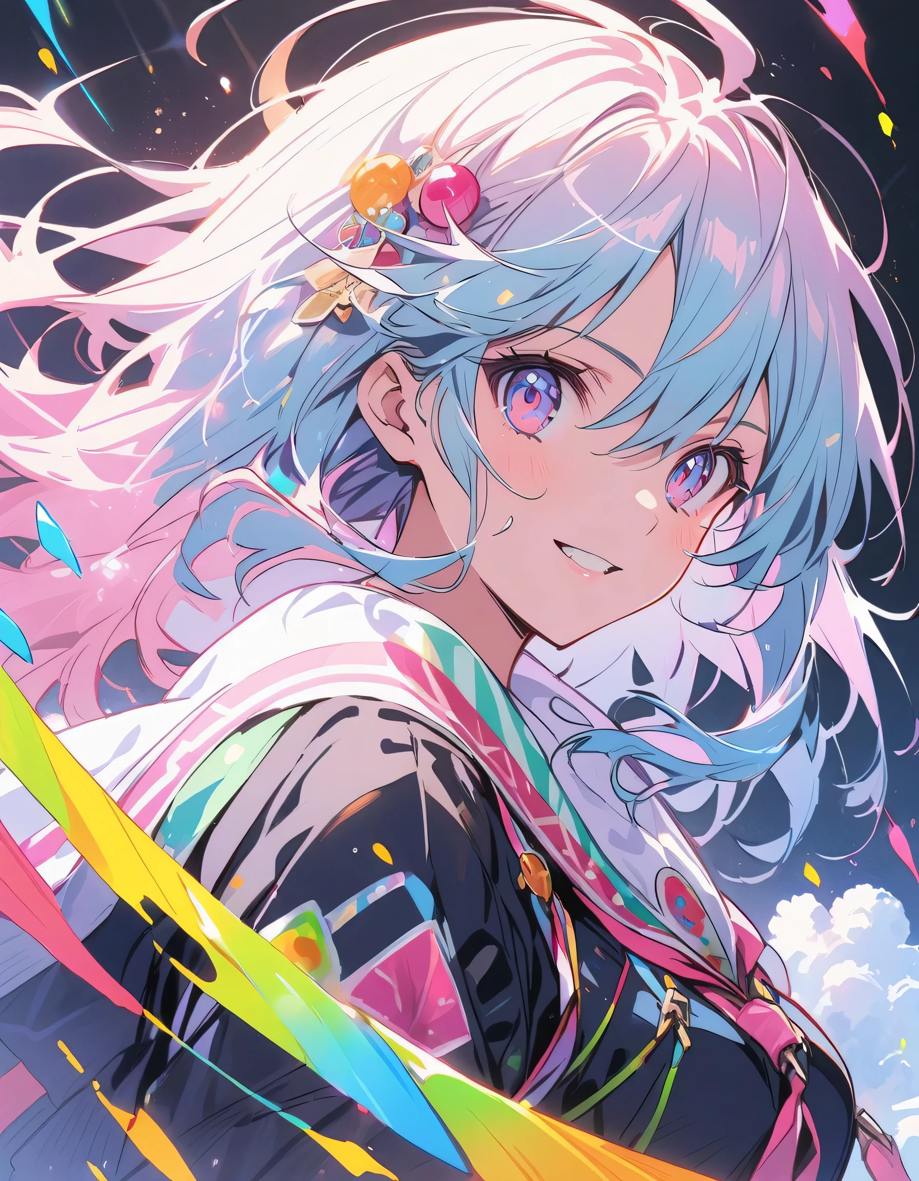 A high-quality hologram trading card depicting an anime-style girl, with glitter, mother-of-pearl, and a black background around the card, clear coloring, and colorful