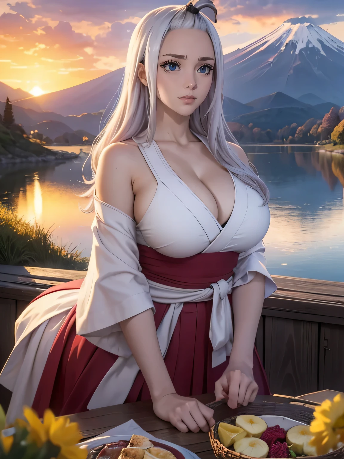 Best quality, masterpiece, extremely detailed, detailed background, detailed eyes,realism, 1 girl, beautiful eyes, young girl,beautiful graceful fingers, big breasts,girl with long white hair,expressive face, kimono, big breasts, Landscape of Mount Fuji, on open air, sunset, beautiful sky, picnic on the lake, landscape, landscape, horizon, Mountain next to the mountain, Wind, flower petal, Vesna, looking, Atmospheric lighting, reflection, naturalistic, detail, realism. relaxation, Beauty, Just focus, Close-up, outside, depth of field,big hips