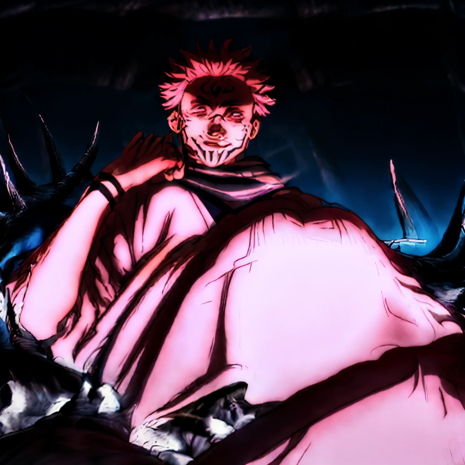 masterpiece,high quality,alone,
Ryoumen Sukuna,1 man,
blue scarf,kimono,white kimono,wide sleeve,long sleeve,
heart,
or,Zuri,
face with shadow ,with an evil smile,
animal skull,
skull,sitting,
put your hand on your face,shining eyes ,