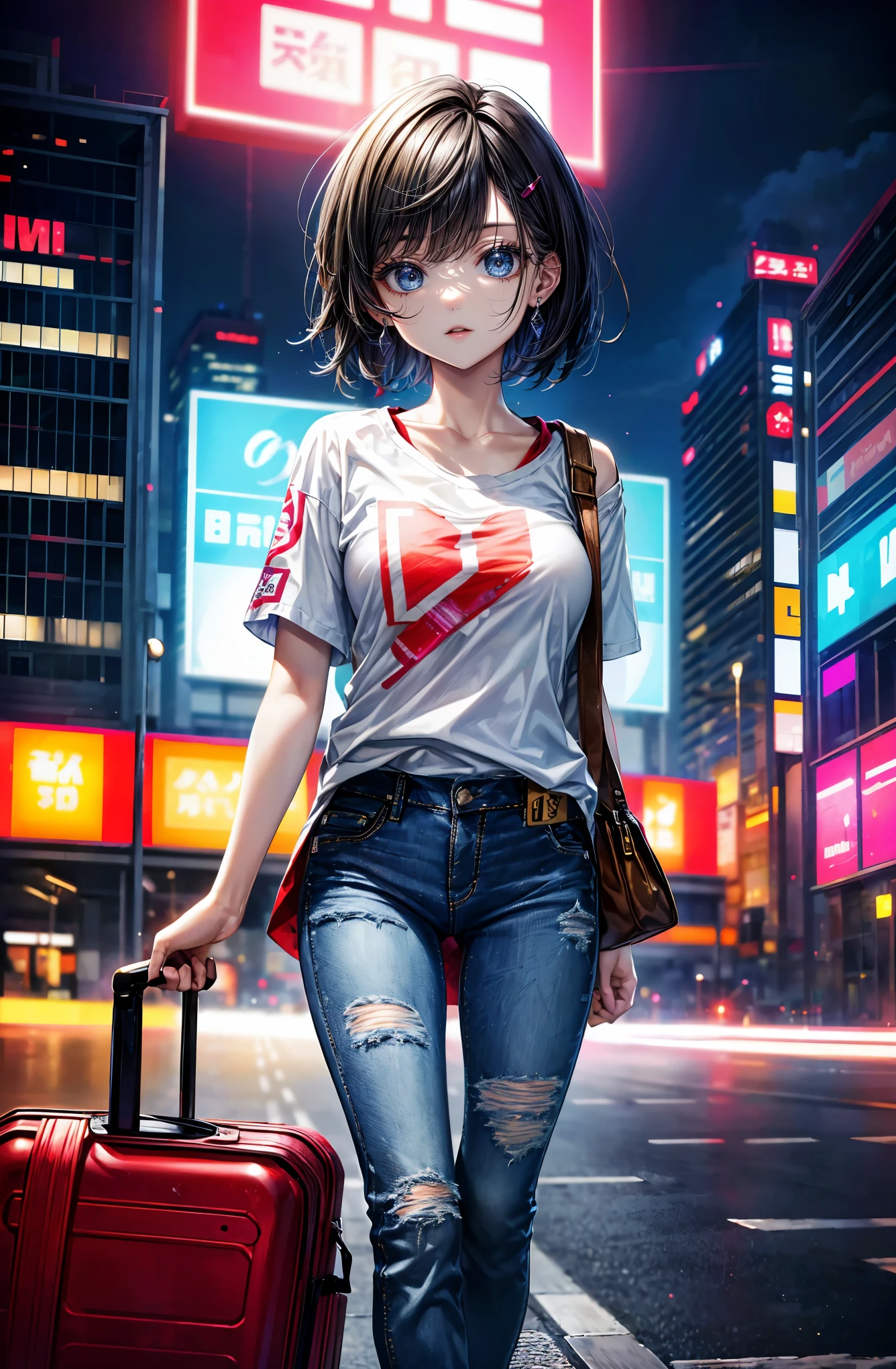 Hyper Quality、8K quality、High resolution、Image quality captured with a single-lens reflex camera、(software)、Perfect Anatomy、(black short hair、Shoulder-length hair:1.2)22 year old beauty.Mature face、blue eyes(Sharp look:1.4)(Good shape and normal breasts) BREAK (Bright spring outfits for women) Bright atmosphere((Wear a blue denim rider&#39;s jacket:1.2)(Wear a short-sleeved T-shirt with artistic print photo underneath、Irregular border pattern:1.2))(Light pink as an accent color)BREAK(Half-red checkered tight denim pants:1.3)Gold Earrings、BREAK（Perfect Anatomy:1.4）break(Looking away:1.2)(Asahi、In front of Umeda Station in Osaka on a bright early morning:1.3)

