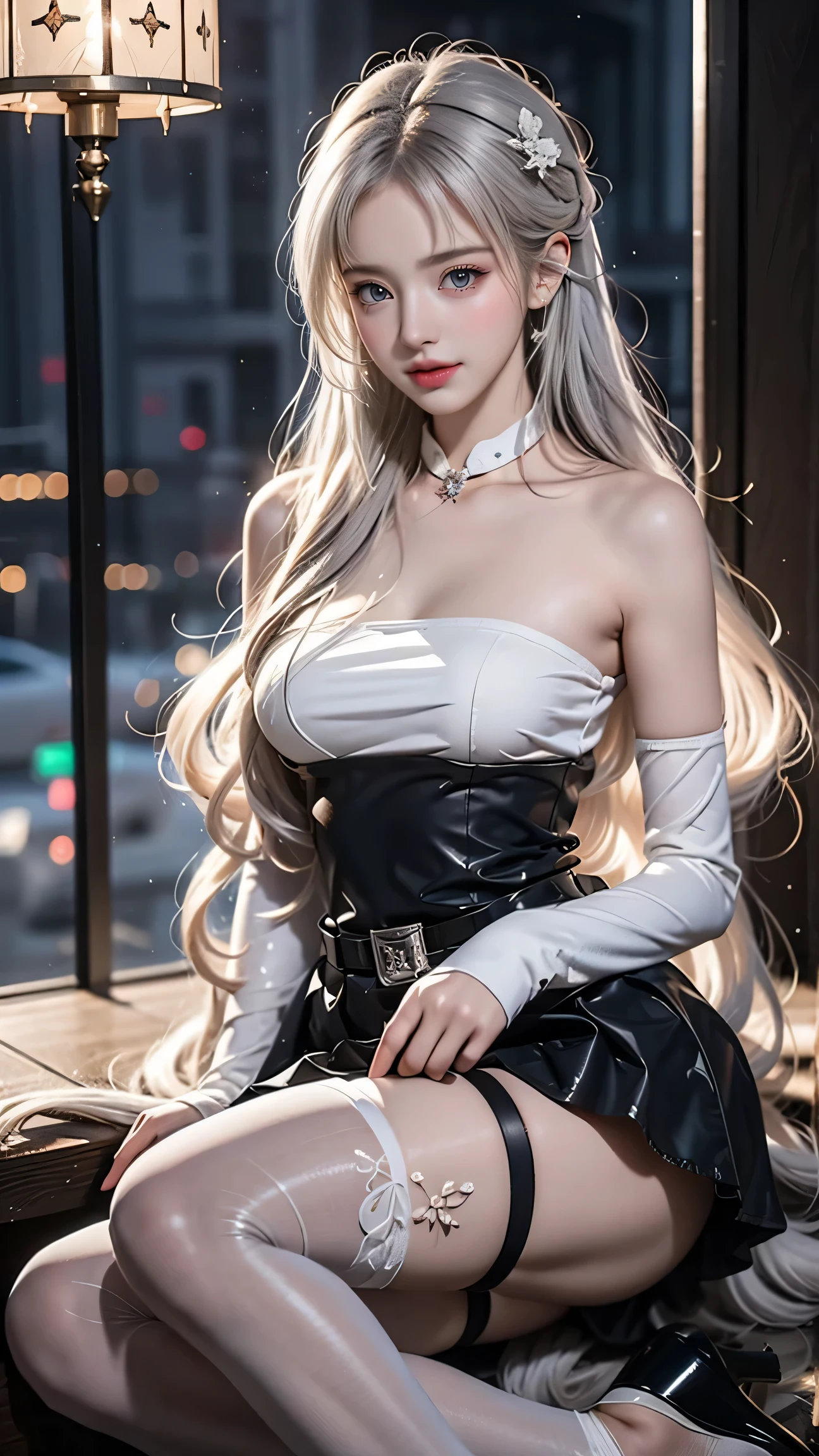 Top quality work，Actual work，Ultra Premium Graphics，8K HD CG works，High quality graphics，High-definition CG works，10x pixels，Extremely fine detail：1.1，Advanced Technical Details：1.1 Photorealistic，Indoor lighting effects：1.5，Natural light：1.5. Light effects（virtual Light effects：1.8），長いSilver Hair，Silver Hair，Transparent Hair，Hair with attention to detail（Premium Hair Detail：1.1）Clear Eyes，Beautiful double eyelids，Sharp eye makeup, Delicate eyelash makeup, Thin eyebrows, Highly detailed eyes，High nose, Nice red lips, Rose Cheeks, A face with subtle makeup , Cute face, perfectly balanced face,（Advanced Face Detail：1.1），Girl in maid outfit、 Cosplay, Knee socks, High heels, See-through,，The moonlight pours down like water，Foggy Room，Like a fairy in a painting，Slim sexy legs，A beautiful face is beautiful and delicate，Like a finely carved piece of jade、The waves in my eyes are like twinkling stars，Show the light of patience and wisdom。The bridge of the nose is straight，Cherry lip color, her face is clear，Her skin is as white as jade，Gives a healthy glow，Her makeup is light and subtle.，Not too decorative，A light-toned foundation enhances the clarity of your skin.，Eye makeup: eyeshadow and eyeliner，Make her eyes brighter and more cheerful、Add a touch of glamour and sophistication，Wear white to beat the snow，Clothes fluttering，It&#39;s about to be blown away by the wind，Drifting Away。Beautifully embroidered patterns on clothing，Without losing grace，Showing off incredible skills。Wear a wide belt around your waist，A transparent jade pendant hangs from it.，Swaying with her movements。Her hair is casually tied back，Fix with hosta，A few strands of hair are swaying gently in the wind，Add a little softness、Charmed everyone&#39;Note、Grace、mystery、full of power,(White panties are visible),