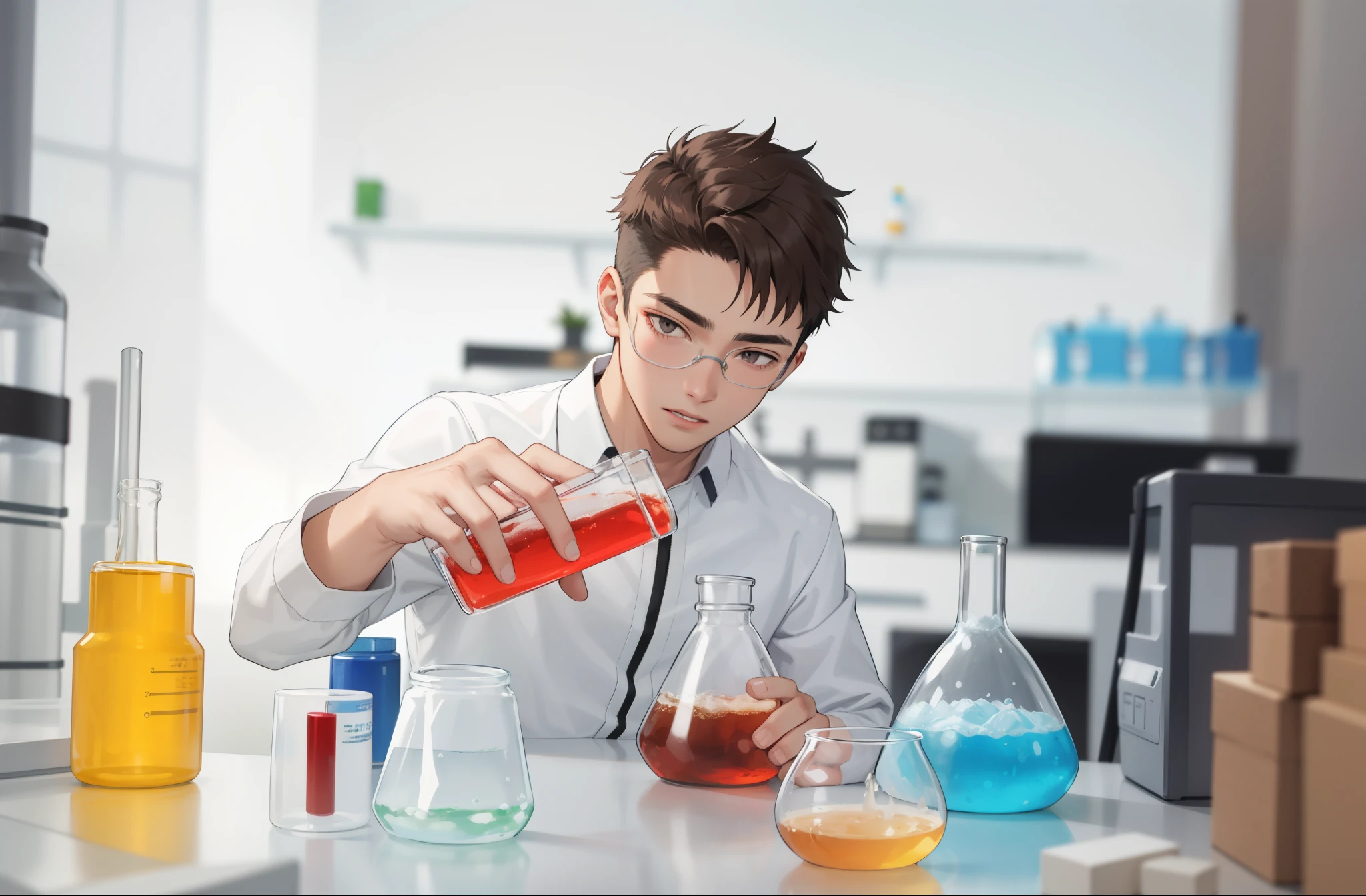 An 18-year-old boy with brown hair and gray eyes does chemical experiments.