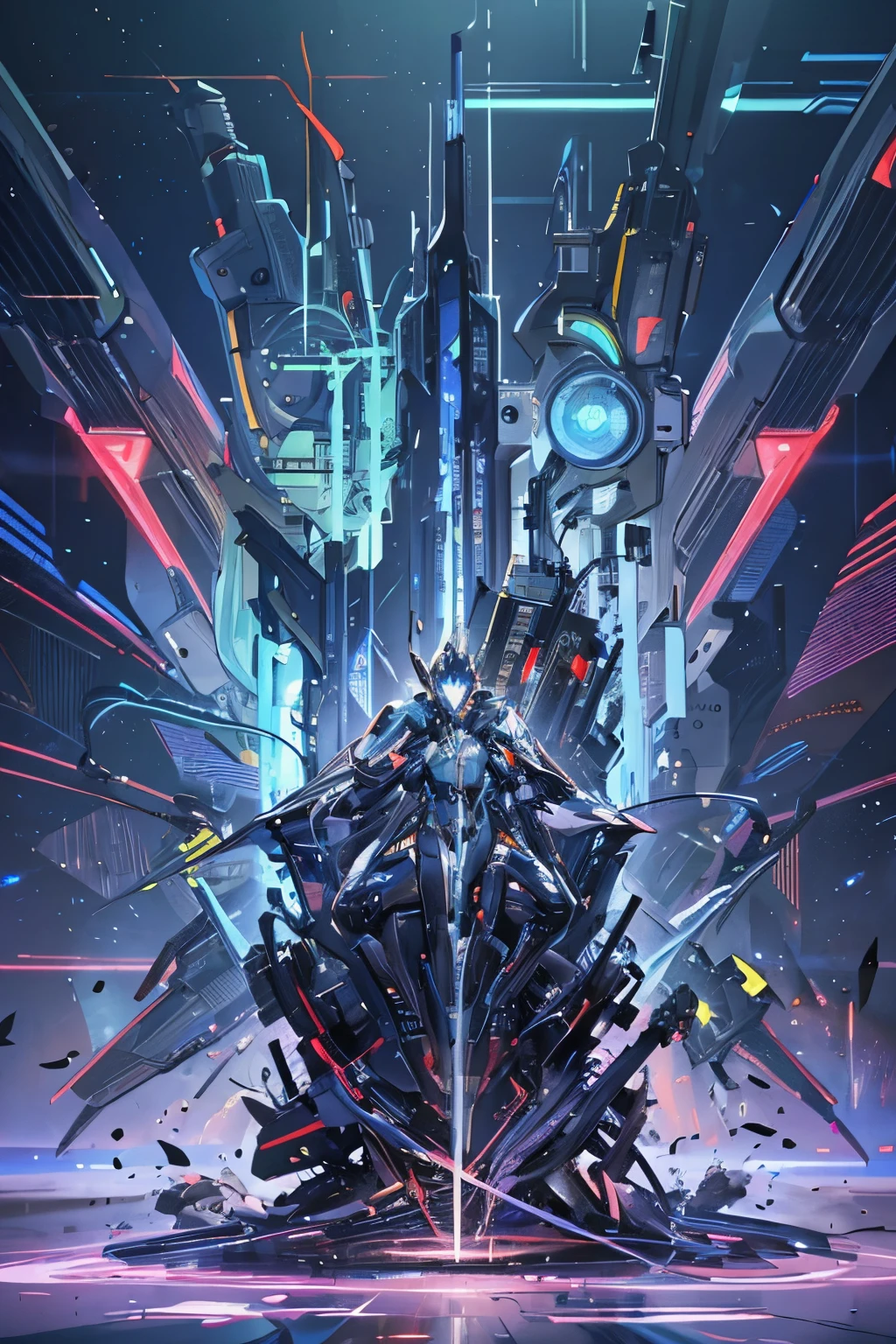 "(best quality,4k,8k,highres,masterpiece:1.2), ultra-detailed, (realistic,photorealistic,photo-realistic:1.37), god of the cyber world, in the center of a large room, imagery of the internet world, imagery of the cyber world, robot, mecha, high-tech, digital, futuristic, light, rays, blue, silver, mechanical parts, circuits, wires, sharp edges, flowing shapes, realistic expressions, sharp details, dynamic, full of energy, touch screen, high resolution, cool colors, digital art, neon lights, futuristic animation, abstract design, three-dimensional shapes, reflections, gloss, avant-garde fashion, clean environment, technological progress, image of the future, cyberspace, future city, homogeneous textures, camouflage, advanced details, digital interface, hyperrealistic light, digital cyborg, electronic music, innovative design, silhouette effect."