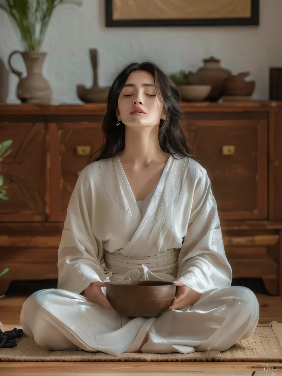 woman sitting in a meditation position with a bowl in her hands, Wearing a simple robe, Wearing a simple robe, Korean woman, zen meditation, Wearing flowing robes, Taoism, Inspired by Kim Tschang Yeul, Wearing a flowing robe, white Taoism robes, meditation, beautiful south Korean woman, Zen aesthetics, meditation, Korean artist wearing, (photo Practical:1.4), (hyper Practical:1.4), (Practical:1.3),
(Smoother lighting:1.05), (Improve movie lighting quality:0.9), 32k,
1 Girl,20 year old girl, Practical lighting, Backlight, There is light on the face, Ray Tracing, (Bright Lights:1.2), (quality improvement:1.4),
(Highest quality real texture skin:1.4), Delicate eyes, Delicate face, Exquisite eyes,
(Tired, sleepy and satisfied:0.0), Close-up of face, t-shirt,
(Increase body line emotions:1.1), (Enhance Skin Texture Beauty:1.1)