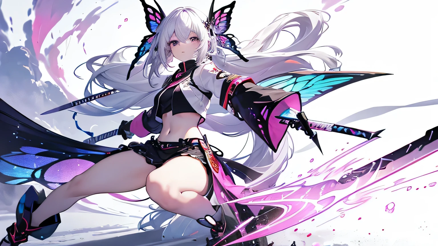 Multicolor palette, color explosion, anime girl, very long white hair, low angle shot, With a very sharp sword, fighting stance, cinematic, Floating light particles, sexy clothes, elegant butterfly, Showing midriff, Showing thighs
