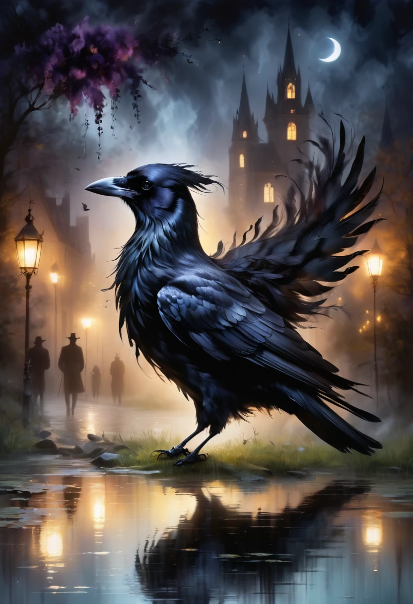 (dark atmosphere,Goethe-Mode,helle Farben),(best quality,Super exquisit,),sexy Gothic-Rabe,Rosengarten bei Nacht,Crow feathers,black crow,Das Mondlicht spiegelt ihre elegante Silhouette,Weiche Schatten und weiche Glanzlichter,Contrasting colors create a lively atmosphere,dunkle und stimmungsvolle Farbpalette,Dezente und dennoch dramatische Lichteffekte,Erhabene Dunkelheit vermischt mit exquisitem Mondlicht