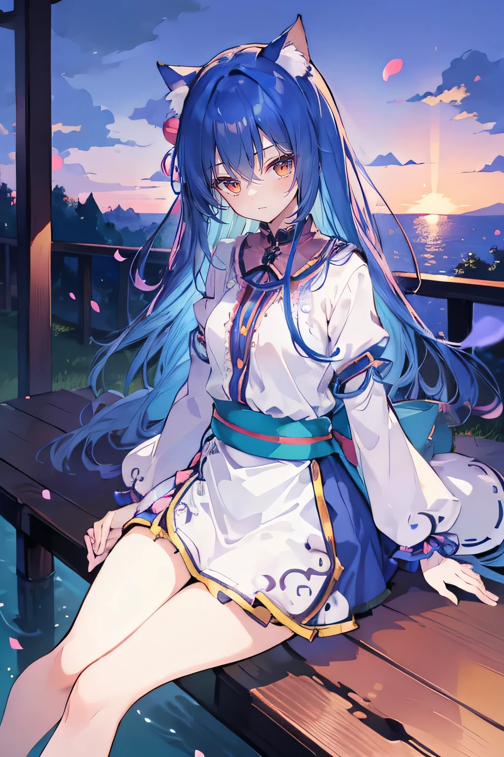 (masterpiece:1.2),Super detailed,Practical,expressive eyes,Fair skin,Perfect face shaping,1 Girl,
Japanese cartoons,Gorgeous blue hair, the long flowing blue hair,Floating clothes,Cat ears,Petals falling,beautiful lola,Young Angel,
Hands on waist,sit elegantly on the ground,Cross your legs,Gentle and peaceful background,Cool and cozy pavilion,Sunset,