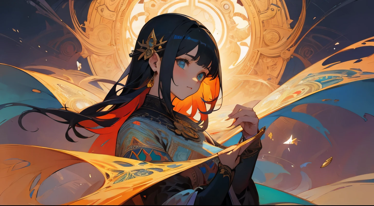 (masterpiece,top Quality,best quality,official art,Beauty and aesthetics:1.2),(1girl),Extremely detailed,(s fractal art:1.1),ancient wind,extremely colorful,Most detailed, mucha style,