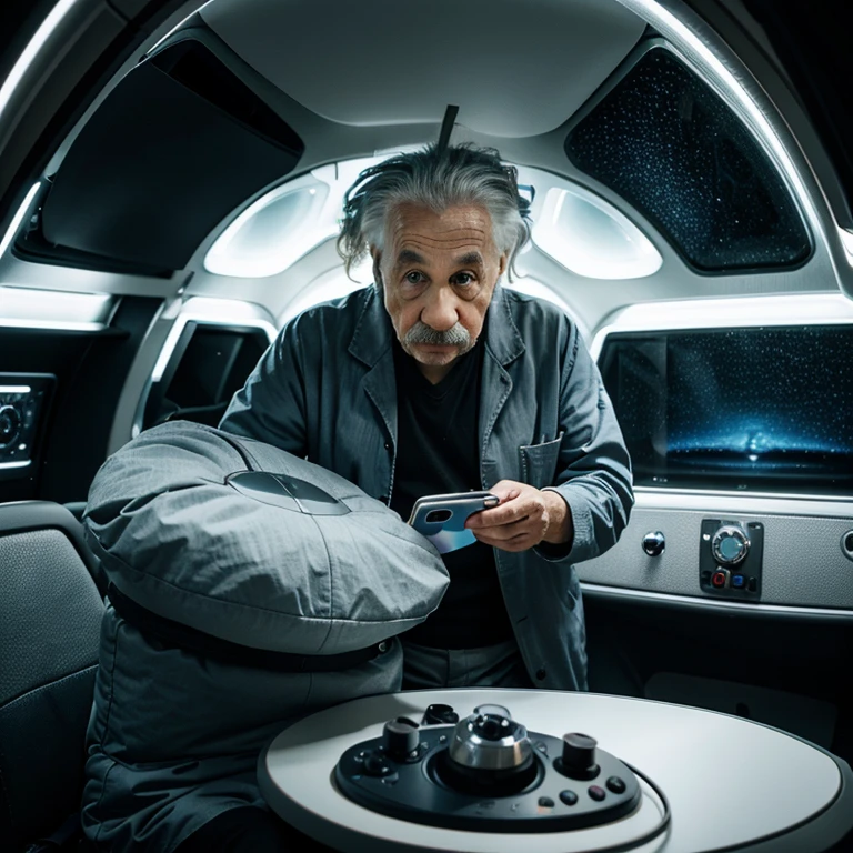 (Einstein is playing with his phone in the spaceship)
