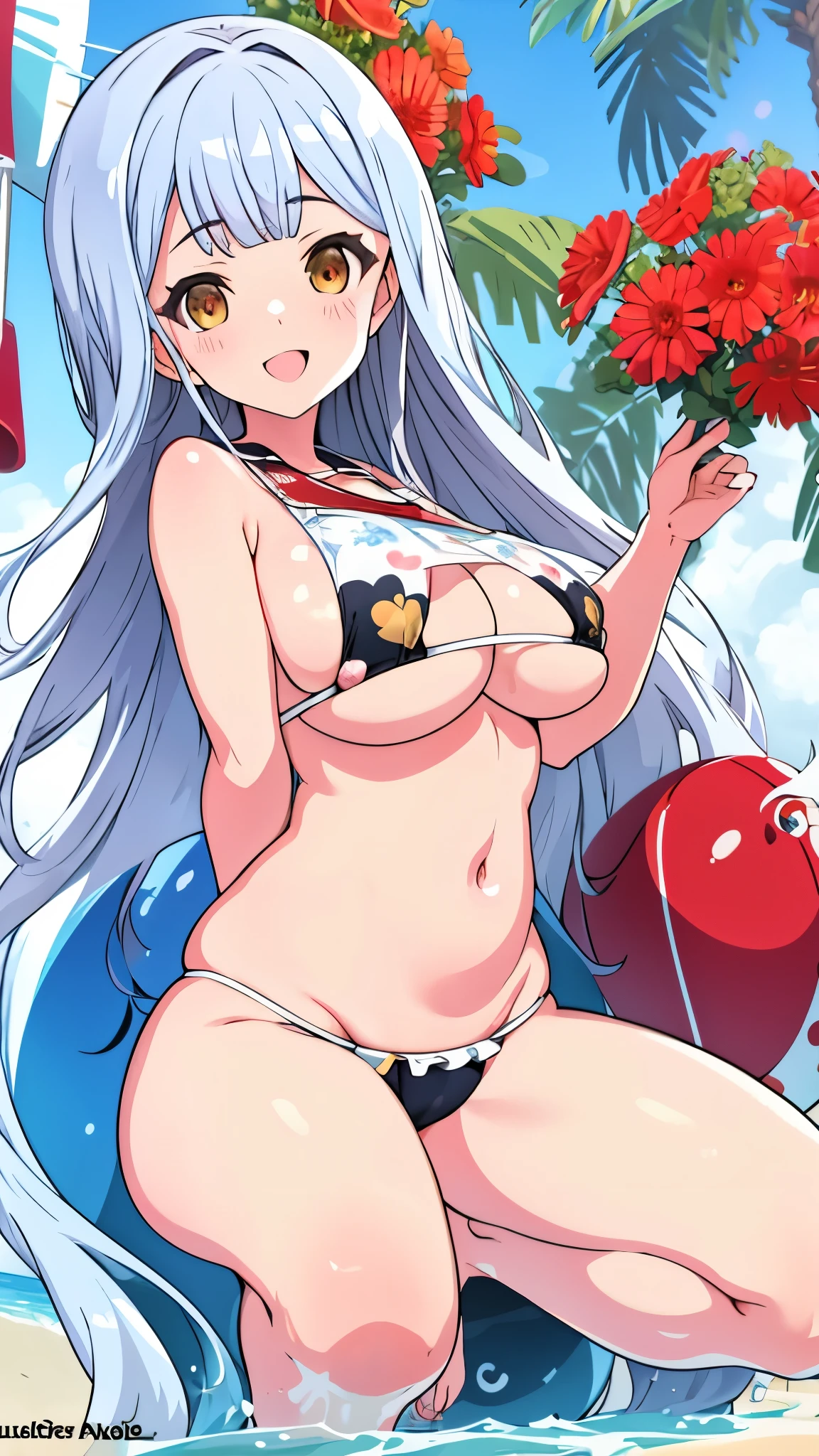 High resolution,masterpiece, highest quality, smile , Con_Kanaho,  (((busty))), 1girl,sensual body, heart in the eyes , Her cheeks flushed, vaginal secretions ,  micro bikini , , swim suit , beach ,