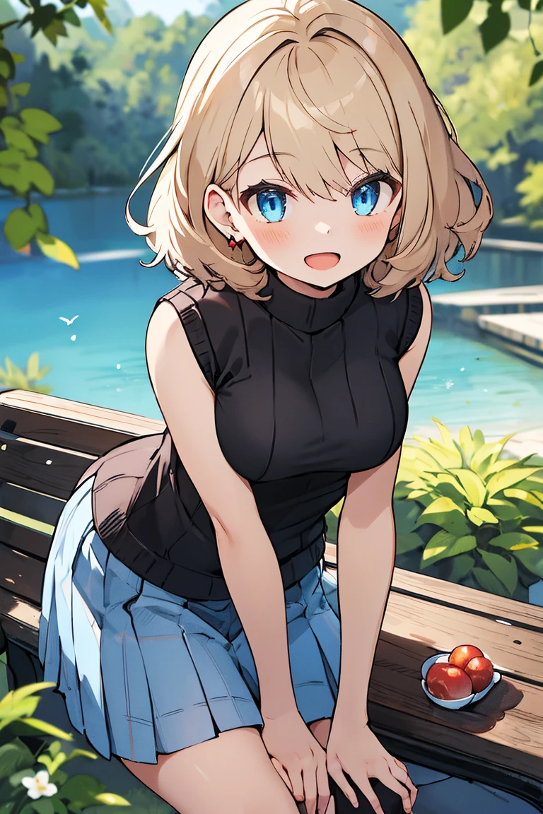 masterpiece, best quality, highres, serena \(pokemon\), short hair, blue earwear, blue eyes, 1girl, solo, sweater vest, blue skirt, checkered skirt, short skirt, bangs, turtleneck sweater, sitting,curvy, smiling, happy, medium breasts, teenager, lake, bench, skinny, hands on thighs, open mouth, looking at camera, jewelry, facing camera, slightly leaning forward,NSFW,Undressing,White underwear,Completely naked,Naked