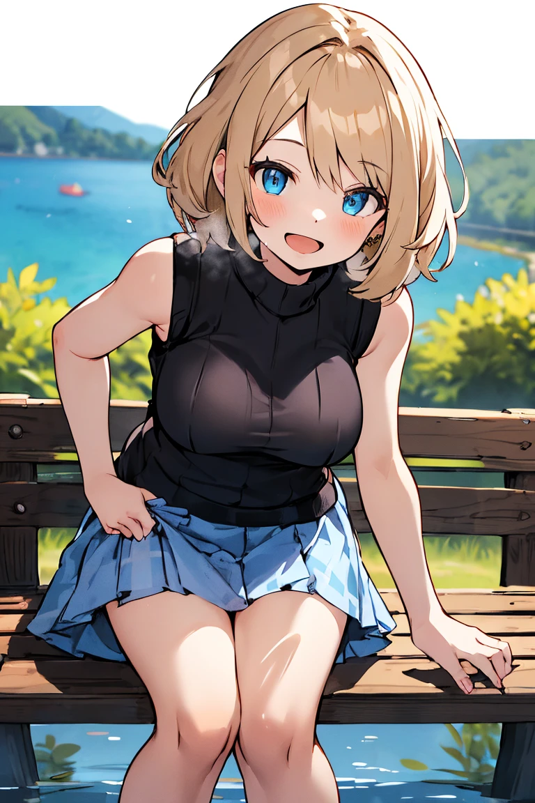 masterpiece, best quality, highres, serena \(pokemon\), short hair, blue earwear, blue eyes, 1girl, solo, sweater vest, blue skirt, checkered skirt, short skirt, bangs, turtleneck sweater, sitting,curvy, smiling, happy, medium breasts, teenager, lake, bench, skinny, hands on thighs, open mouth, looking at camera, jewelry, facing camera, slightly leaning forward,NSFW,Undressing,White underwear,Completely naked,Naked