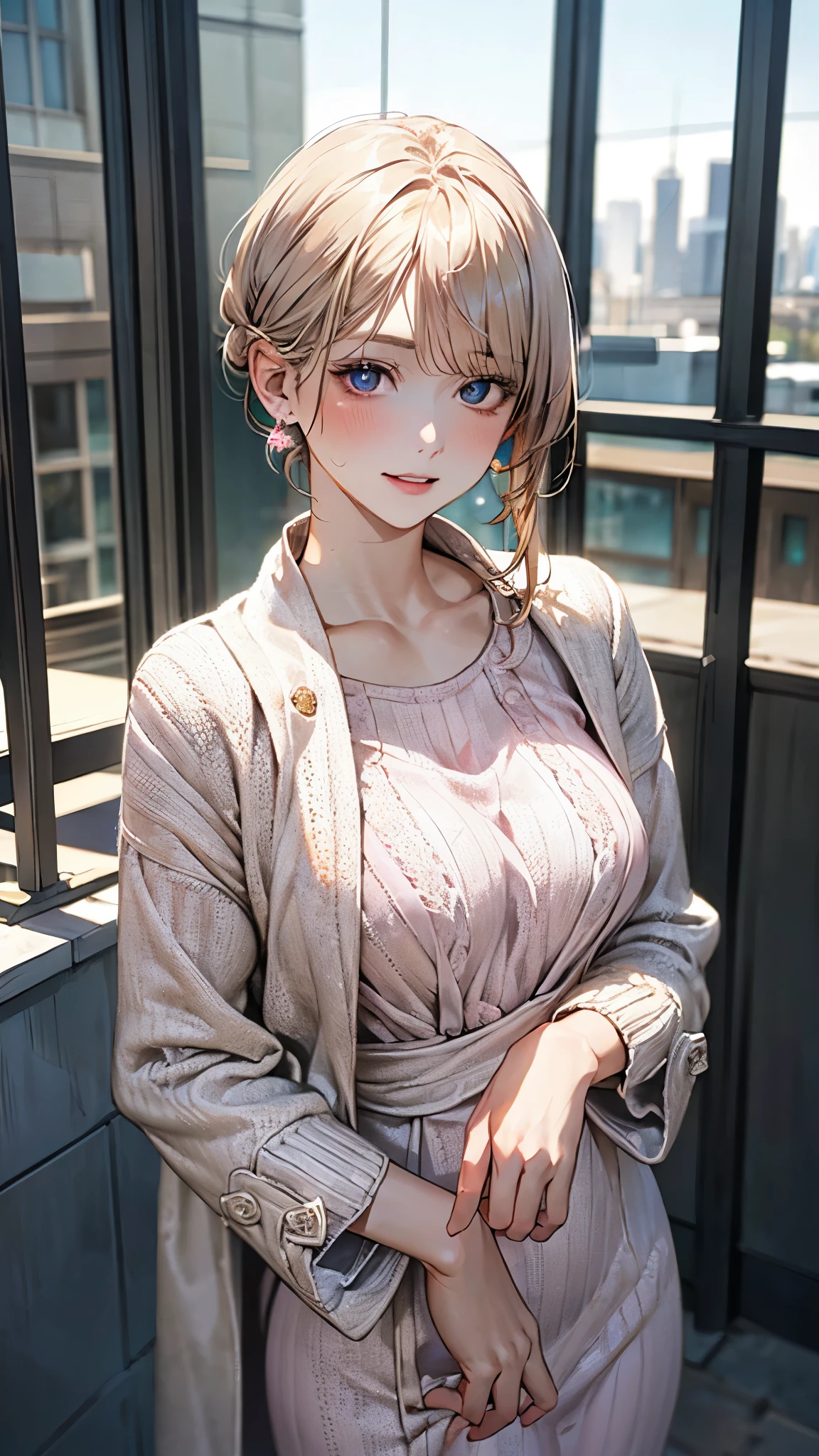 (masterpiece:1.2, top-quality), (realistic, photorealistic:1.4), beautiful illustration, (natural side lighting, movie lighting), ,
looking at viewer, (face focus, upper body), 1 girl, japanese, (office lady:1.2), perfect face, perfect hands, babyface, (perfect anatomy:1.4), cute and symmetrical face,
(short hair:1.2, chignon:1.5, blonde hair), asymmetrical bangs, blue eyes, long eye lasher, (large breasts, seductive thigh), slender, white skin, shiny skin,
beautiful hair, beautiful face, beautiful detailed eyes, beautiful clavicle, beautiful body, beautiful chest, beautiful thigh, beautiful legs, beautiful hands,
(detailed cloth texture, (light pink maxi knit dresses and gown coats:1.3)),
(beautiful scenery), evening, (city background:1.3), standing, (seductive smile, upper eyes, parted lips),