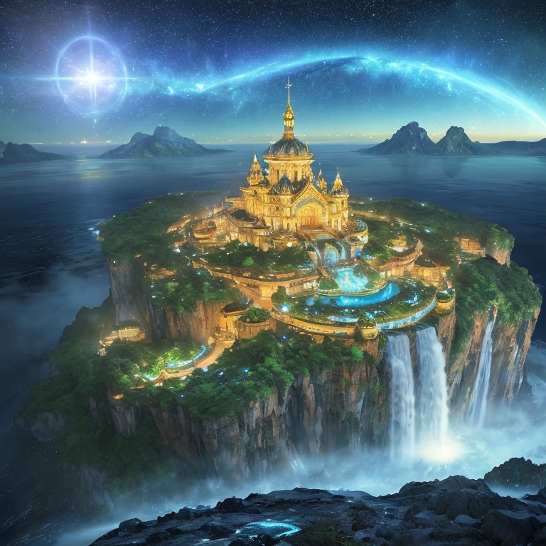 A stunning 3D render of a floating island in a divine, blue starry sky, capturing a cinematic and conceptual art moment. This mesmerizing scene is created by the imaginative minds of the (( Martin Schongauer)). The island consists of lush green forests, sprawling mountains, pristine waterfalls, and a bustling city of lights. The divine blue sky is adorned with swirling stars and a massive celestial door. The overall ambiance is a captivating blend of fantasy, technology, and divine intervention, with the island appearing to be a sanctuary of hope and wonder., cinematic, 3d render, photo, conceptual art