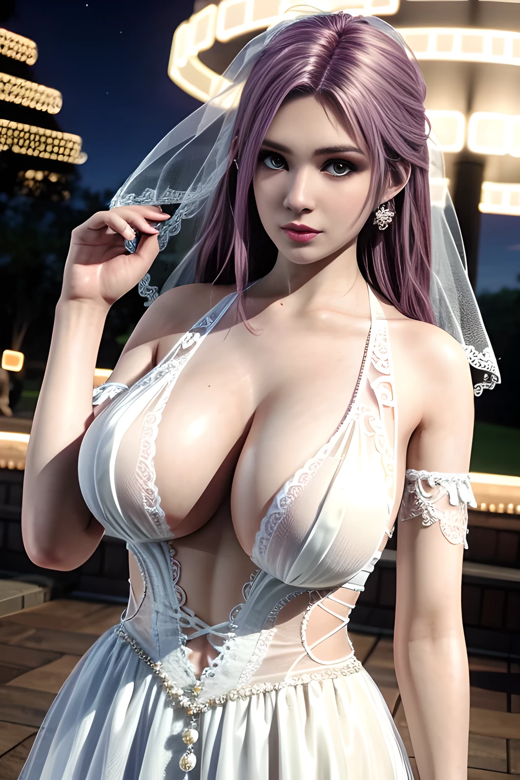 1 girl,lean over WINK,(( Wedding Dress, see-through)), outdoor,elegant,nighttime,moonlighe,shiny skin,( huge breasts:1.1), lip gloss,( tattoos:1.3), masterpiece, best quality, realistic ,Surrealism,natural colors art in 8k,soft shadows,Portrait art,solo, elise,