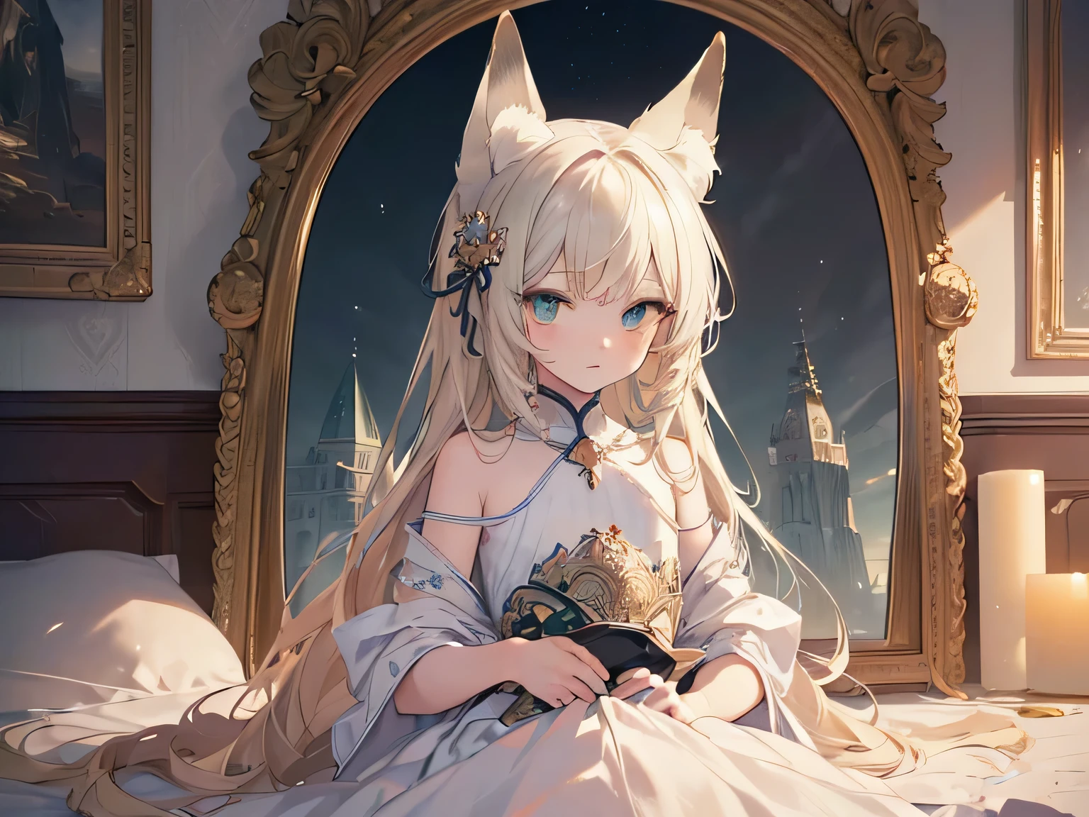 (alone:1.5),(masterpiece:1.5),(best quality:1.5),(broken to pieces:1.3),Astonishing,Beautiful detailed,Very detailed wallpaper,Extremely detailed CG unified 8k wallpaper,Extremely delicate and beautiful eyes,1 boy, green eyes,fox ears,