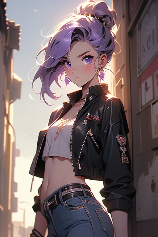 (Obra maestra:1.2), Mejor calidad, (illustration:1.2), (ultra detallado), hiper detalles, (delicado detallado), (detalles intrincados), (cinematic light, Mejor calidad Backlights), Delete line, solista, Cuerpo perfecto, (1 chica), Anime style of a young teenager with long, straight purple hair that falls to her waist, with streaks of darker purple running through it. Her eyes are a striking shade of gold, with a piercing gaze and almond-shaped. She has a fair complexion with a few faint freckles across her cheeks. She is dressed in punk fashion, wearing a cropped leather jacket adorned with studs and patches. She pairs it with ripped black skinny jeans and combat boots, laced up with thick chains. Underneath the jacket, she wears a torn band t-shirt featuring her favorite punk band. She has fishnet stockings peeking out from under her jeans and multiple silver hoop earrings lining her ears., (constituir), alto contraste, (mejor iluminacion, un extremadamente creado y hermoso), (cinematic light), vistoso,