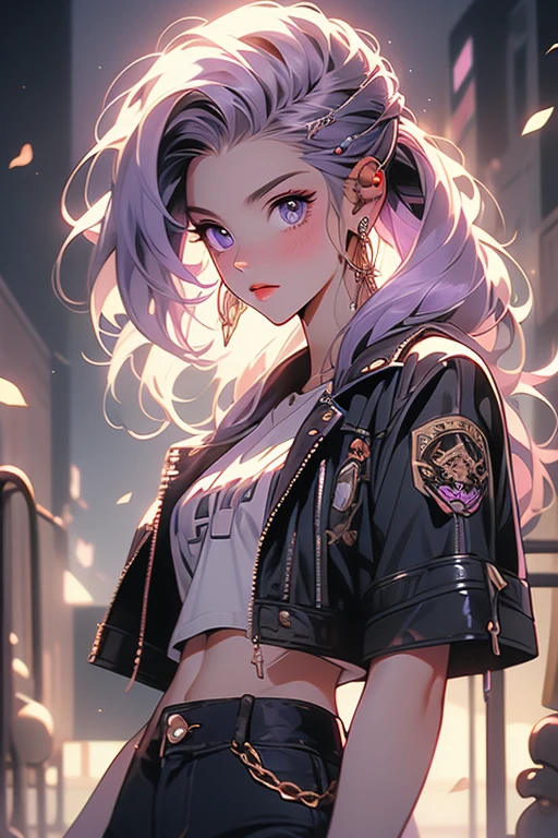 (Obra maestra:1.2), Mejor calidad, (illustration:1.2), (ultra detallado), hiper detalles, (delicado detallado), (detalles intrincados), (cinematic light, Mejor calidad Backlights), Delete line, solista, Cuerpo perfecto, (1 chica), Anime style of a young teenager with long, straight purple hair that falls to her waist, with streaks of darker purple running through it. Her eyes are a striking shade of gold, with a piercing gaze and almond-shaped. She has a fair complexion with a few faint freckles across her cheeks. She is dressed in punk fashion, wearing a cropped leather jacket adorned with studs and patches. She pairs it with ripped black skinny jeans and combat boots, laced up with thick chains. Underneath the jacket, she wears a torn band t-shirt featuring her favorite punk band. She has fishnet stockings peeking out from under her jeans and multiple silver hoop earrings lining her ears., (constituir), alto contraste, (mejor iluminacion, un extremadamente creado y hermoso), (cinematic light), vistoso,