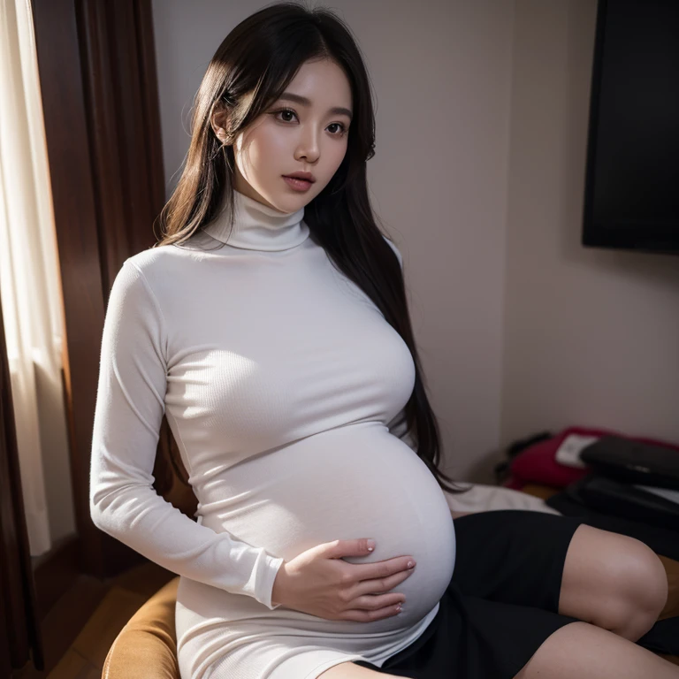 (Very detailed,night， In a dimly lit room， A girl，Married，Married woma，32 years old，Mother，Still has charm，Black头发，a little fat, full, Large sagging breasts, huge big , pregnant, huge pregnant, big pregnant, 9 months, pregnant, 怀着双胞胎的pregnant，Delicate face, Sexy, Wear a turtleneck dress, Bodycon Dress, suspender skirt,Hip skirt，Black色Hip skirt，Black，Garter，Set，Setcoat，coat， HD, full body shot, Work，Water breaks，expiry date，Realistic perfect body, Very realistic)