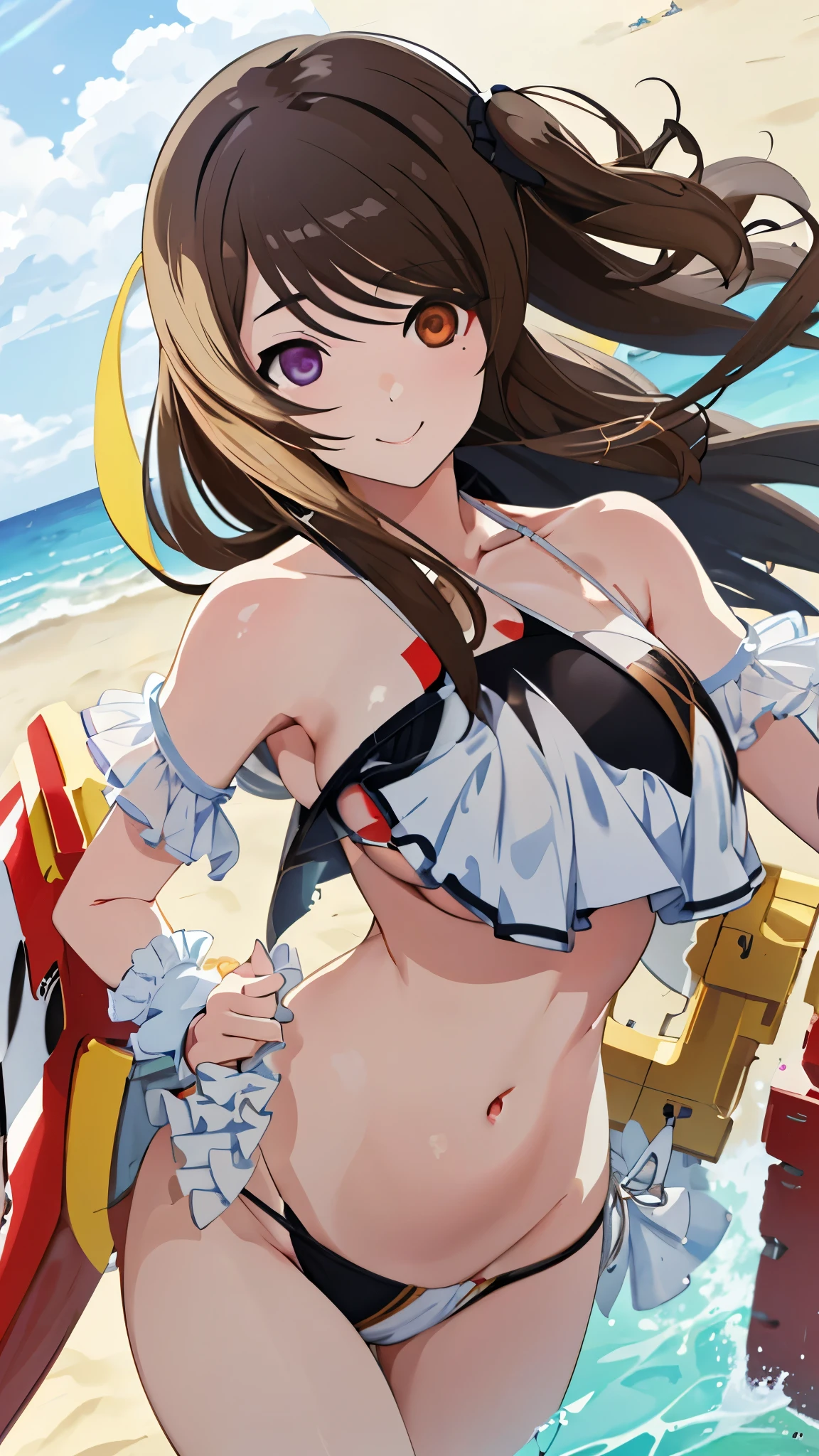 High resolution,masterpiece, highest quality, Kuo Shenlin , heterochromia , left red eye ,right yellow eye ,, smiling , (((busty))), ,1girl, large breasts , sensual body, Her cheeks flushed, vaginal secretions , Brown hair , micro bikini , , swim suit , beach ,