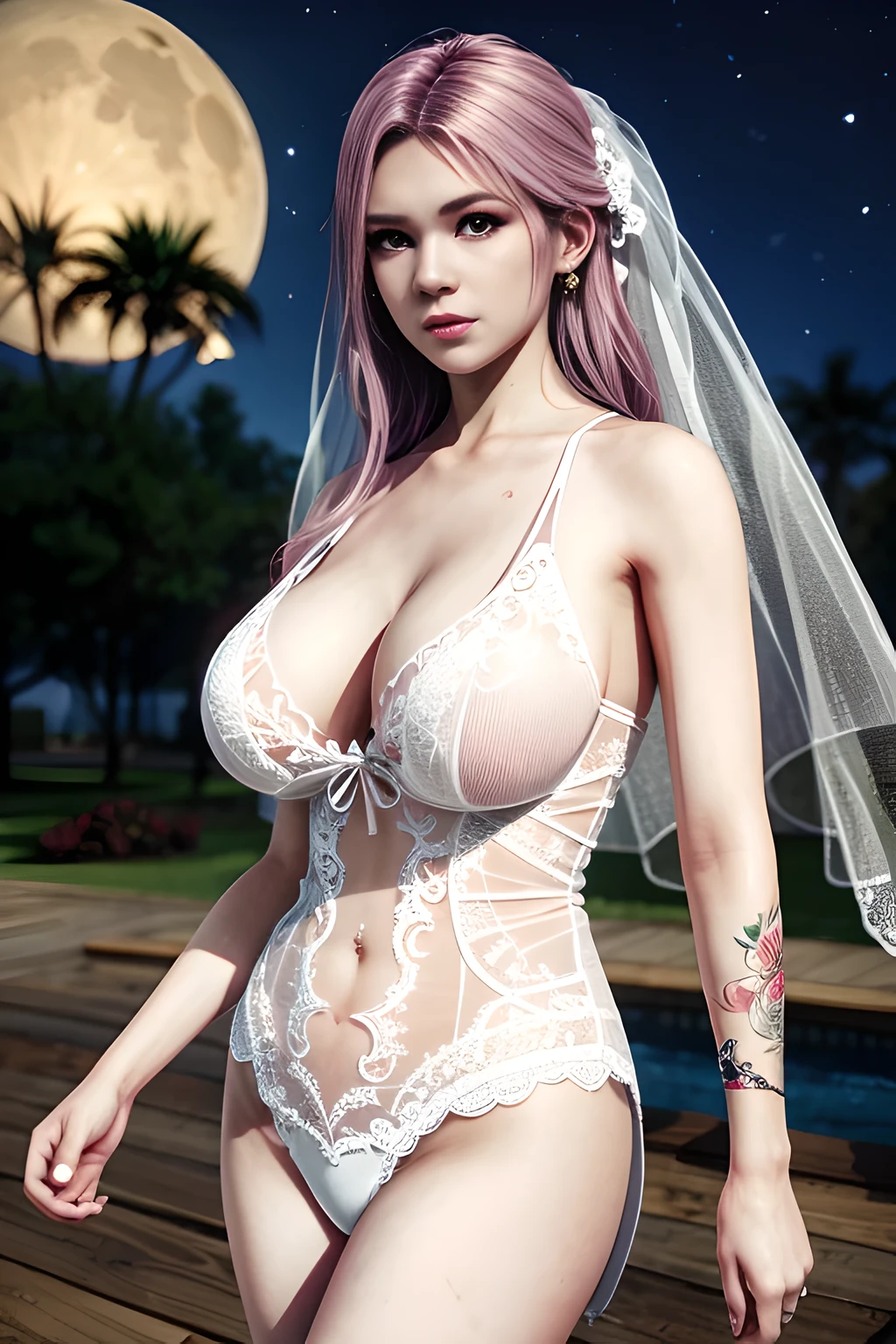 1 girl,lean over WINK,(( Wedding Dress, see-through)), outdoor,elegant,nighttime,moonlighe,shiny skin,( huge breasts:1.1), lip gloss,( tattoos:1.3), masterpiece, best quality, realistic ,Surrealism,natural colors art in 8k,soft shadows,Portrait art,solo, elise,