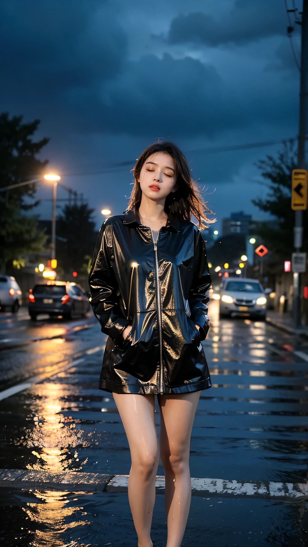 "A young woman standing alone at a desolate intersection during a downpour, her figure drenched and forlorn. The streetlights cast a yellowish hue on the wet asphalt, highlighting the raindrops falling around her. Her face is turned upward, eyes closed, as if seeking solace in the rain."