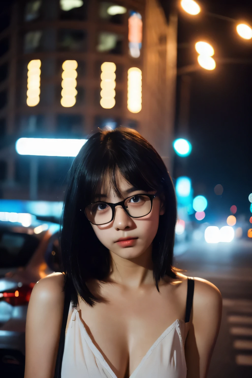 (Cinematic Aesthetic:1.4) Film Photo of a cute Thai girl wear glasses black hair small breast in city night