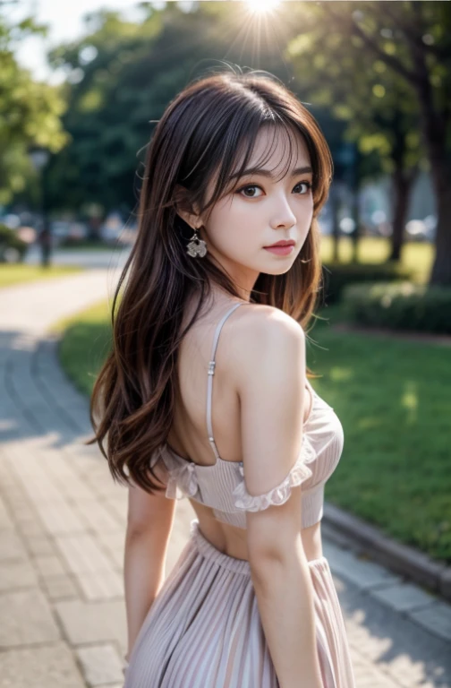 (Photorealistic:1.5, Tabletop:1.5, 8k), (highest quality, masterpiece, 超A high resolution), (Sharp focus on face:1.45), Professional camera work:1.25, Highly detailed skin and facial textures:1.3, Grow light effect, Ultra-detailed:1.3, One Girl, Fair skin, (Clarity:1.5), Small face, Very beautiful face:1.4, Clarityを感じる目:0.9, Looking into the distance, A dreamy look:1.0, I love you dearly:0.8, Open your mouth a little:0.4, Clarityを感じる口当たり:0.7, double eyelid, Dark brown medium hair, Necklaces and earrings, View your viewers, (The sun rises, Bright sunlight:1.3, Sunlight shining from behind:1.3, A pale sunlight spreads across the screen:1.5), Anime Girl Portrait, Open-chested outfit, Iridescent colors, Illuminated by seven-colored lights,