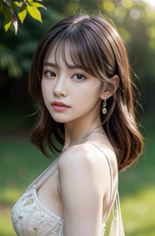 (Photorealistic:1.5, Tabletop:1.5, 8k), (highest quality, masterpiece, 超A high resolution), (Sharp focus on face:1.45), Professional camera work:1.25, Highly detailed skin and facial textures:1.3, Grow light effect, Ultra-detailed:1.3, One Girl, Fair skin, (Clarity:1.5), Small face, Very beautiful face:1.4, Clarityを感じる目:0.9, Looking into the distance, A dreamy look:1.0, I love you dearly:0.8, Open your mouth a little:0.4, Clarityを感じる口当たり:0.7, double eyelid, Dark brown medium hair, Necklaces and earrings, View your viewers, (The sun rises, Bright sunlight:1.3, Sunlight shining from behind:1.3, A pale sunlight spreads across the screen:1.5), Anime Girl Portrait, Open-chested outfit, Iridescent colors, Illuminated by seven-colored lights,