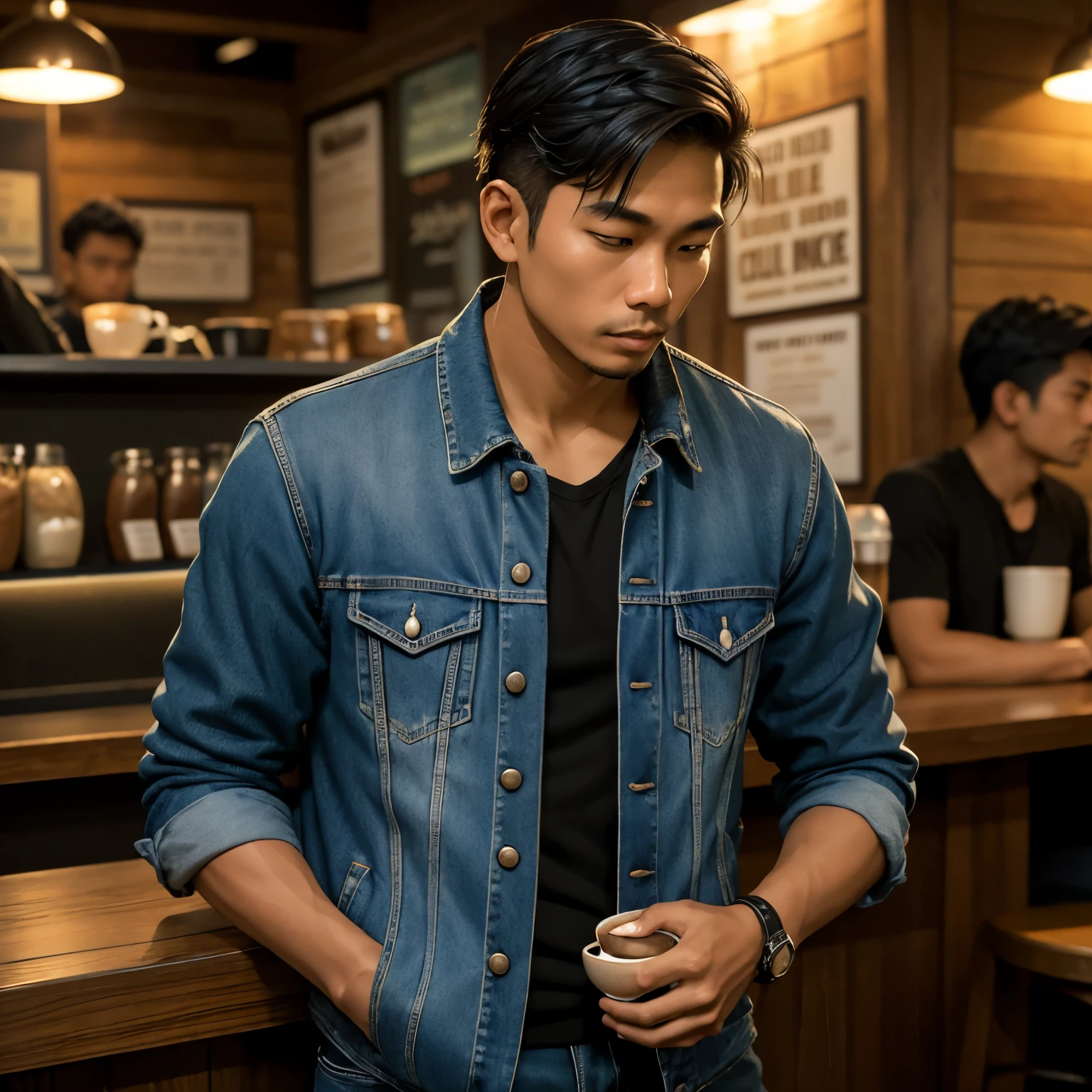 In the bustling coffee shop, a 30-year-old Indonesian man with a short undercut takes a moment to savavor the rich aroma of his freshly brewed coffee. The denim jacket draped over his broad shoulders complements his blue jeans, which are casually folded at the ankles as he dons a pair of classic Converse shoes. The warmth of the wood-paneled coffee shop envelopes him as the busy scene unfolds around him, the sound of clinking cups and casual chatter surrounding him, yet his calm demeanor remains unperturbed as he takes a contemplative sip, lost in thought.