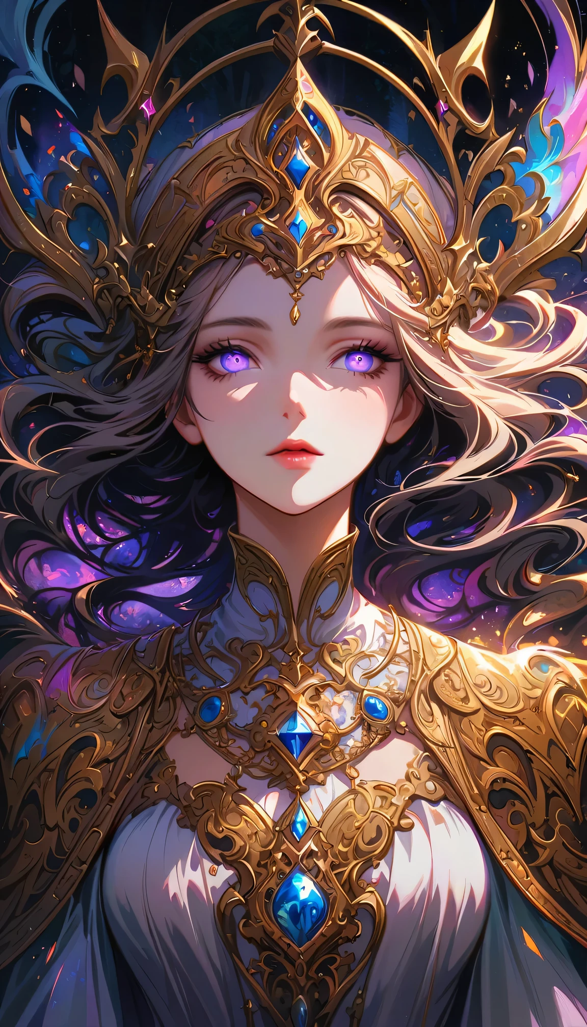 ((Extreme details)),(Super detailed), Chiaroscuro, Extremely detailed CG Unity 8K wallpaper, dark elf, priestess, golden jewelry, intricate details, mystical atmosphere, glowing eyes, ethereal beauty, delicate features, flowing hair, majestic headdress, ornate necklace, intricate bracelets, ancient symbols, shimmering staff, armored thigh boots, mysterious aura, Facing forward, Looking at the audience, moonlit forest, enchanted ruins, magical powers, divine radiance, peaceful serenity, subtle shadows, rich textures, vibrant colors, epic fantasy, otherworldly charm, surreal elements, ethereal light effects, Look away, look up, from above, captivating composition, powerful storytelling.