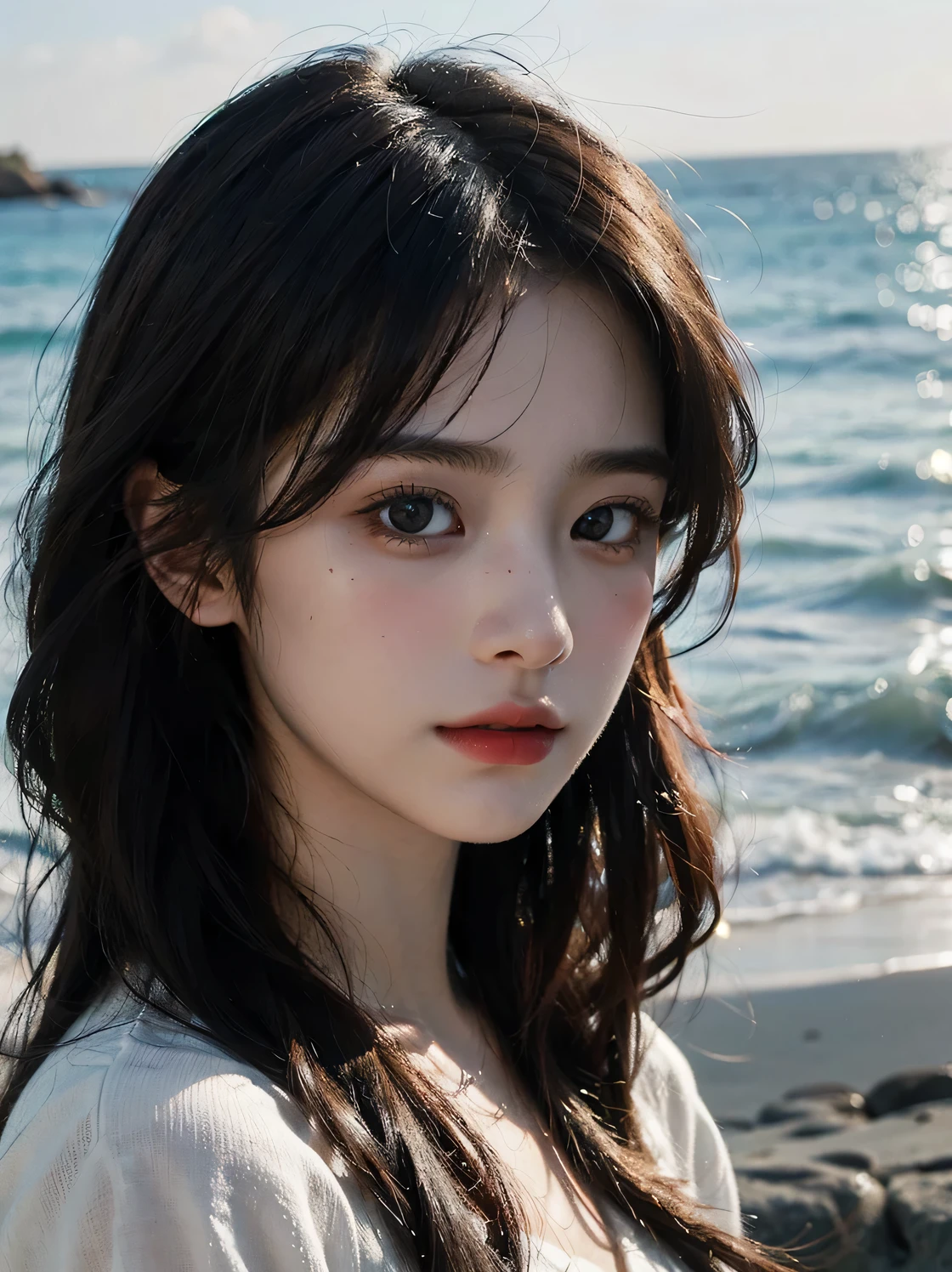 1girl, (looking at viewer:1.2), detail face, (a girl standing, rending on cgsociety, black shadows, Beach backdrop), romanticism, atmospheric, (RAW photo, best quality), (realistic, photo-realistic:1.3), masterpiece, an extremely delicate and beautiful, extremely detailed,