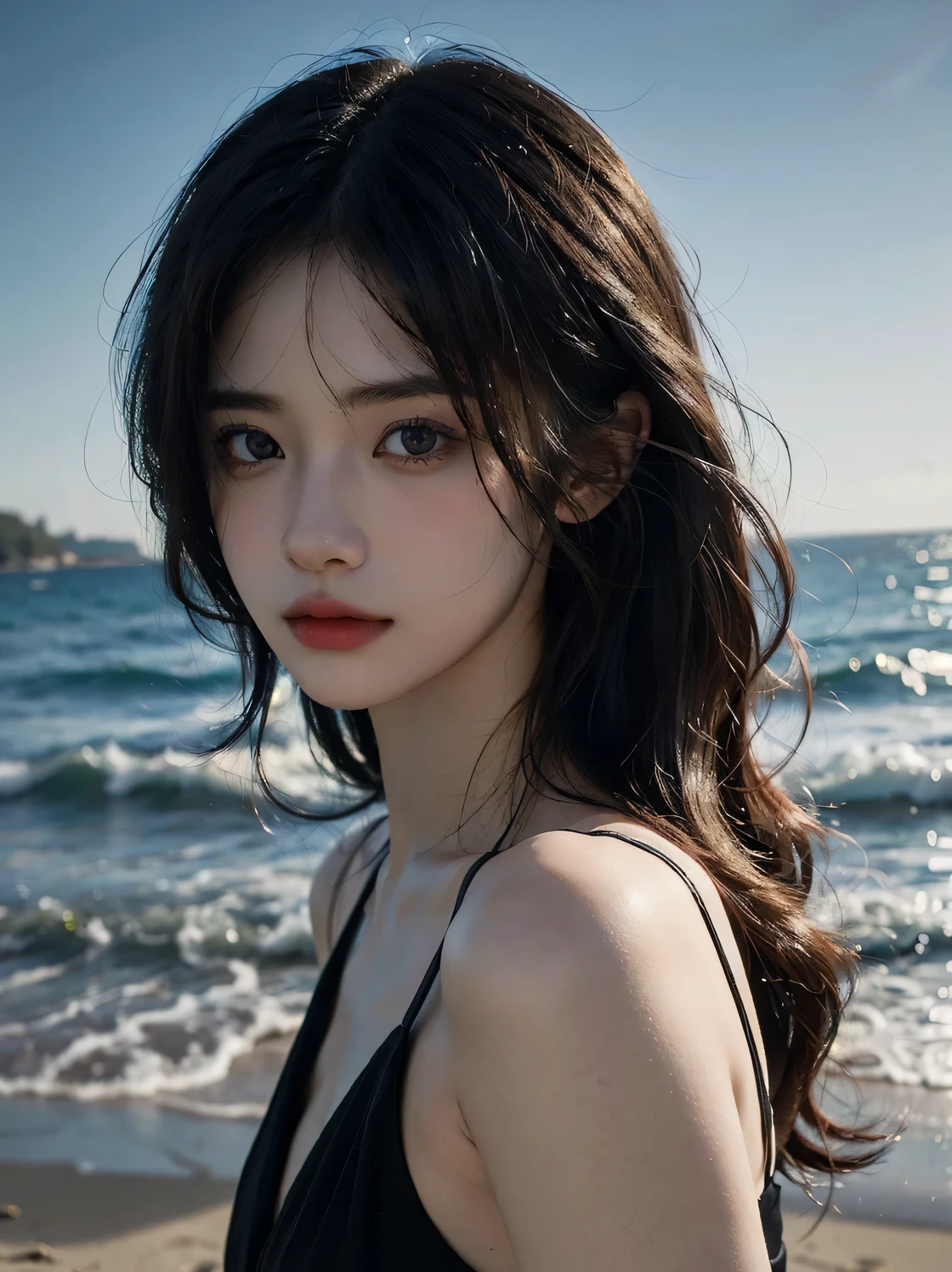 Araped woman wearing multi-colored dress with long black hair, curtain bangs, No makeup, wavy hair, Madison Beer, without makeup, 중앙에서 분리된 curtain bangs, Profile picture, Use Instagram Filters, Subtle soft and dim light, Pose looking back at the beach, perfect face, julia sardinian, perfect hands, Random Actions, coastline, clear sky,