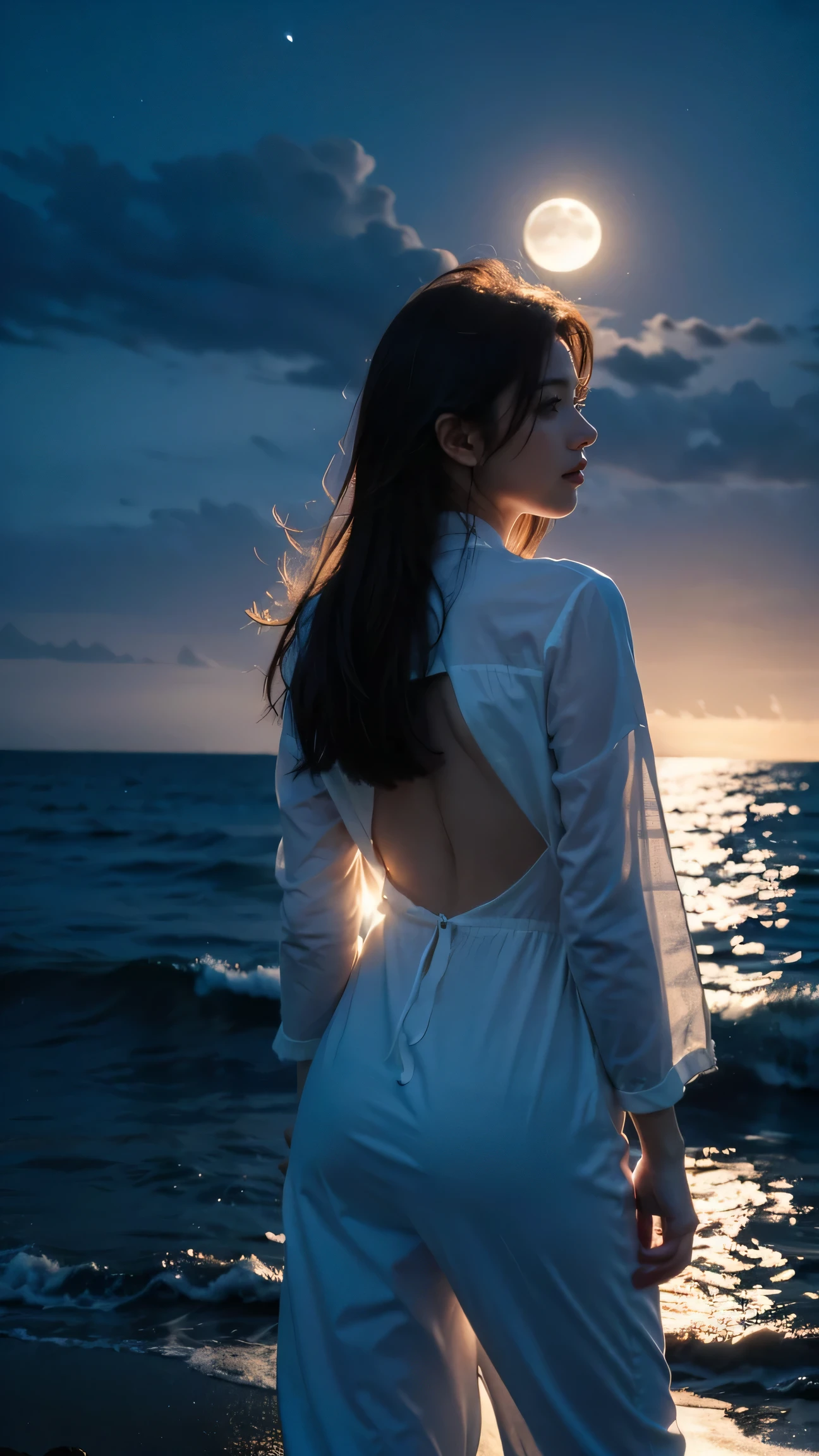 "A young woman's silhouette is framed against the vast expanse of the night sea, her back to the camera as she faces the rolling waves. The moonlight catches the whitecaps, creating a dramatic contrast between light and dark. The image should be rich in detail, with the texture of her hair and clothing visible in the soft, cool breeze."