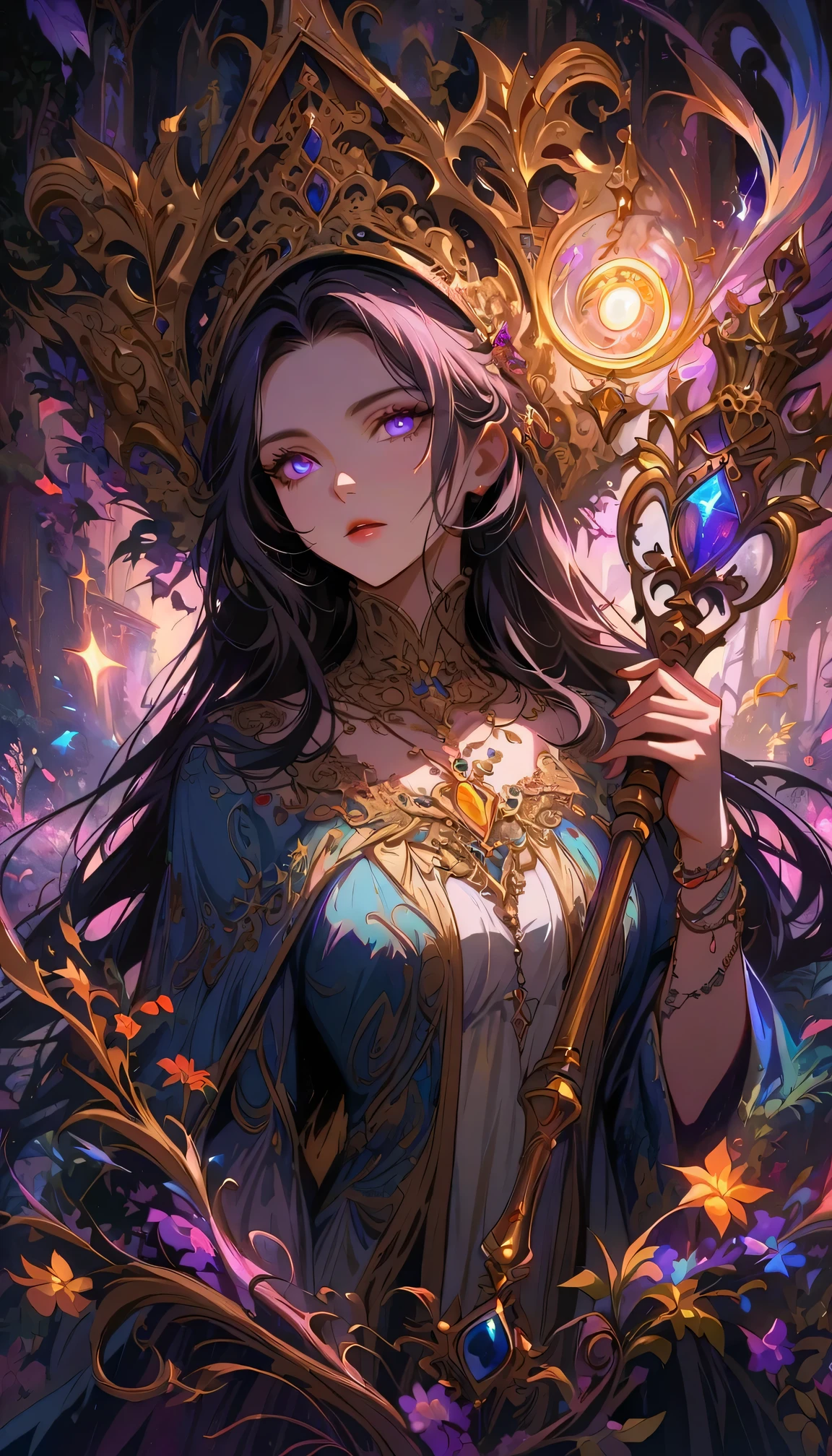 ((Extreme details)),(Super detailed), Chiaroscuro, Extremely detailed CG Unity 8K wallpaper, dark elf, priestess, golden jewelry, intricate details, mystical atmosphere, glowing eyes, ethereal beauty, delicate features, flowing hair, majestic headdress, ornate necklace, intricate bracelets, ancient symbols, shimmering staff, armored thigh boots, mysterious aura, Facing forward, Looking at the audience, moonlit forest, enchanted ruins, magical powers, divine radiance, peaceful serenity, subtle shadows, rich textures, vibrant colors, epic fantasy, otherworldly charm, surreal elements, ethereal light effects, Look away, look up, from above, captivating composition, powerful storytelling.