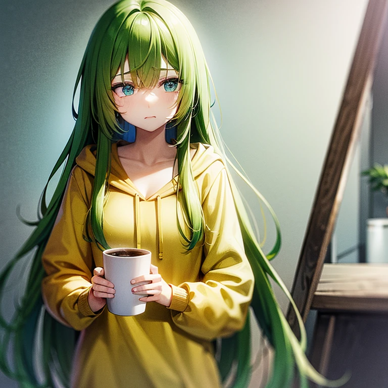 Sad expression, green long hair, girl, blue eyes, wearing yellow hoodie, with a cup of coffee on hands