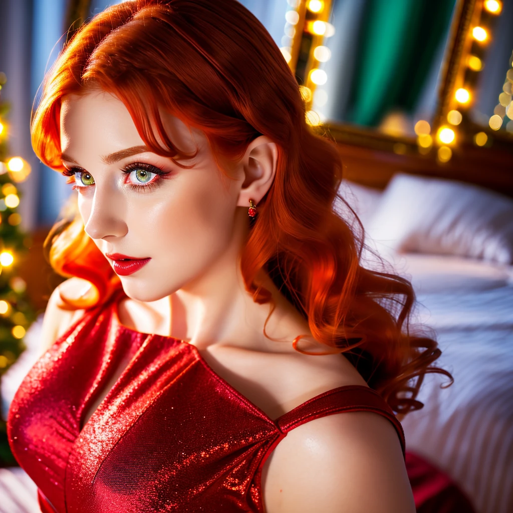 (best quality,ultra-realistic),red dress,beautiful woman,reflecting beauty,amazing figure,bedroom,preparing to go outside,red hair,white and green eyes,detailed face,detailed lips,detailed eyes,long eyelashes,vivid colors,studio lighting,bokeh