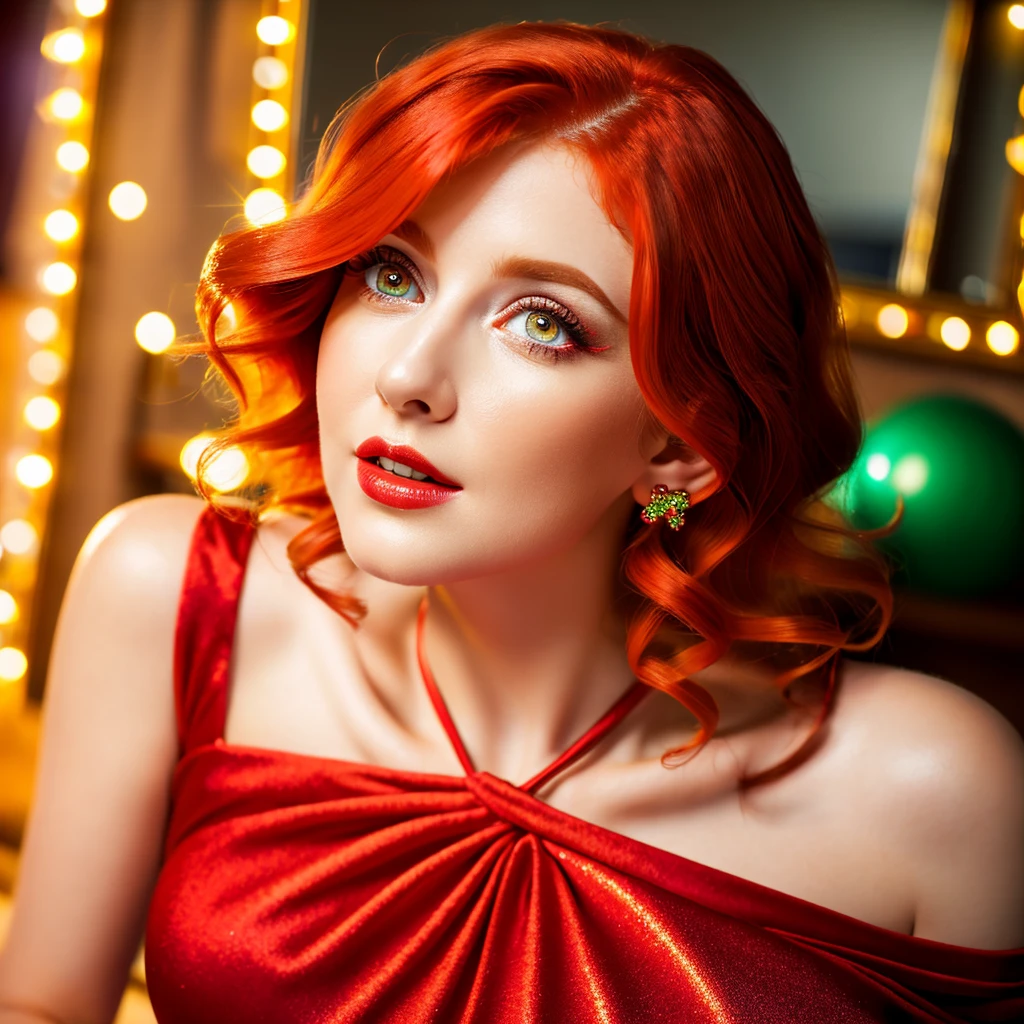 (best quality,ultra-realistic),red dress,beautiful woman,reflecting beauty,amazing figure,bedroom,preparing to go outside,red hair,white and green eyes,detailed face,detailed lips,detailed eyes,long eyelashes,vivid colors,studio lighting,bokeh