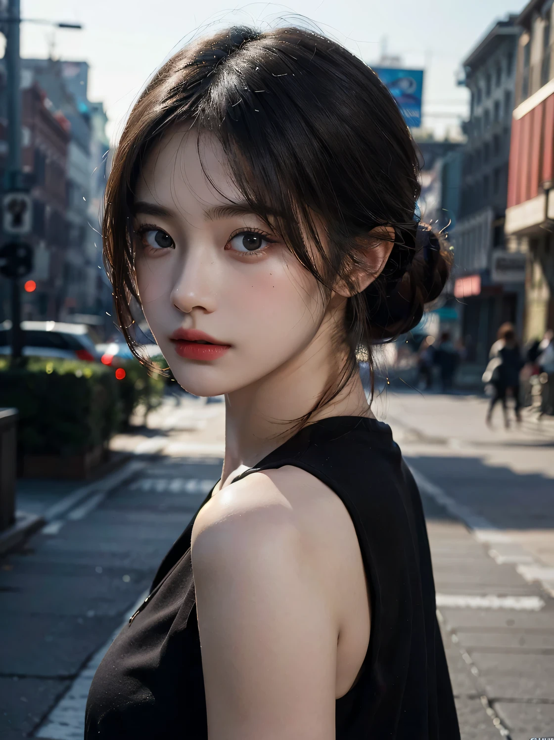 1girl, (looking at viewer:1.2), detail face, (a girl standing, rending on cgsociety, black shadows, streaming, new york backdrop), romanticism, atmospheric, (RAW photo, best quality), (realistic, photo-realistic:1.3), masterpiece, an extremely delicate and beautiful, extremely detailed,